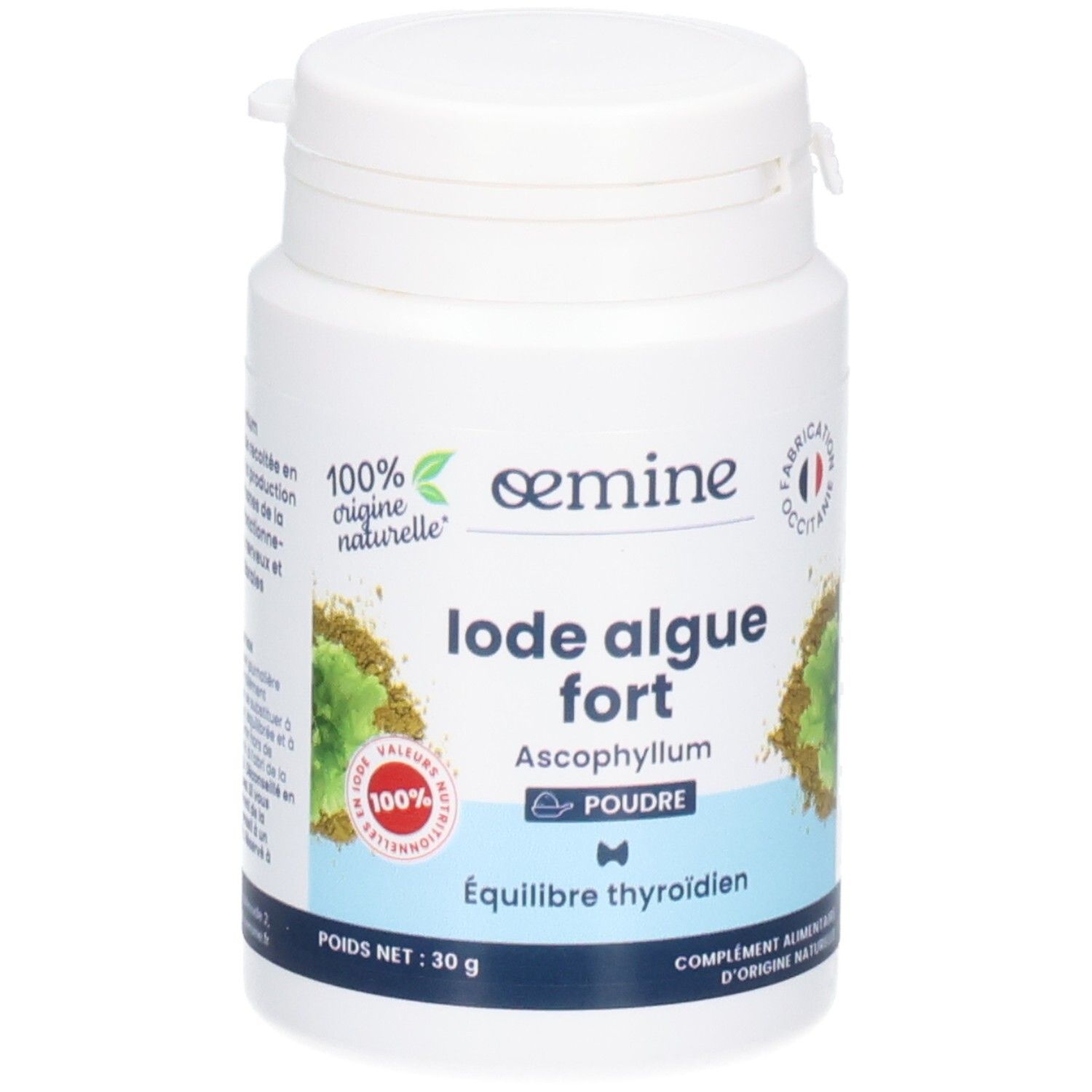 Pot blanc de poudre d'algue Ascophyllum, riche en iode. Poids net : 30 g.
