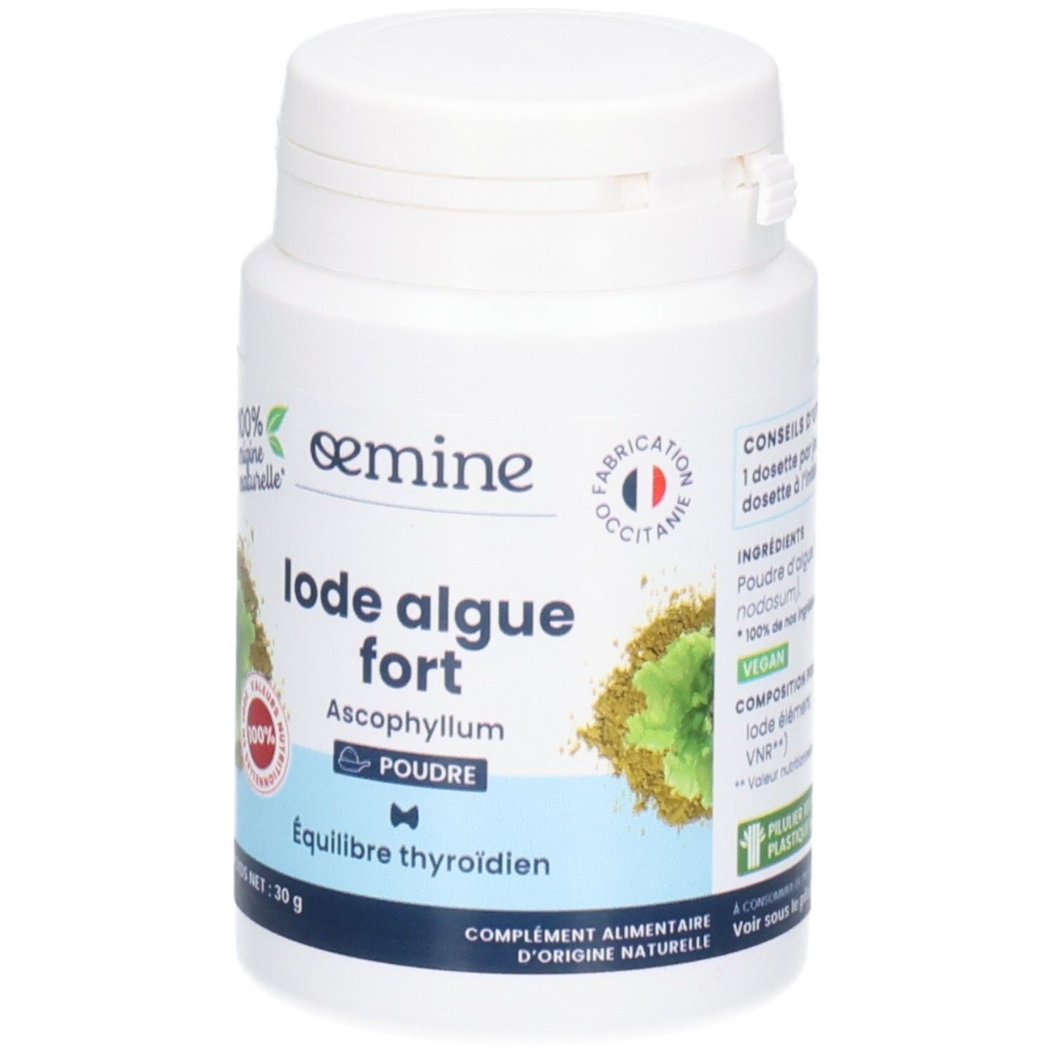 Pot blanc de poudre d'algue Ascophyllum. Mention "Vegan" et "Fabriqué en Occitanie".