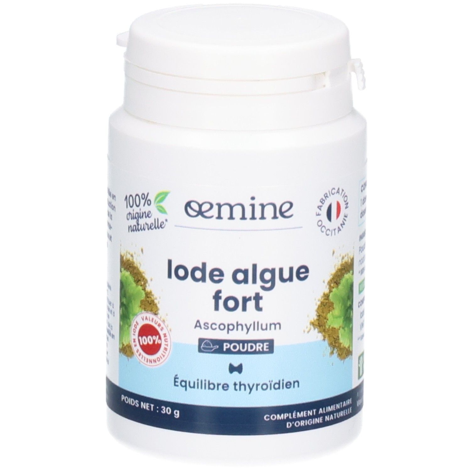 Face avant d'un pot de poudre d'algue Ascophyllum. "100% origine naturelle" et "Équilibre thyroïdien".