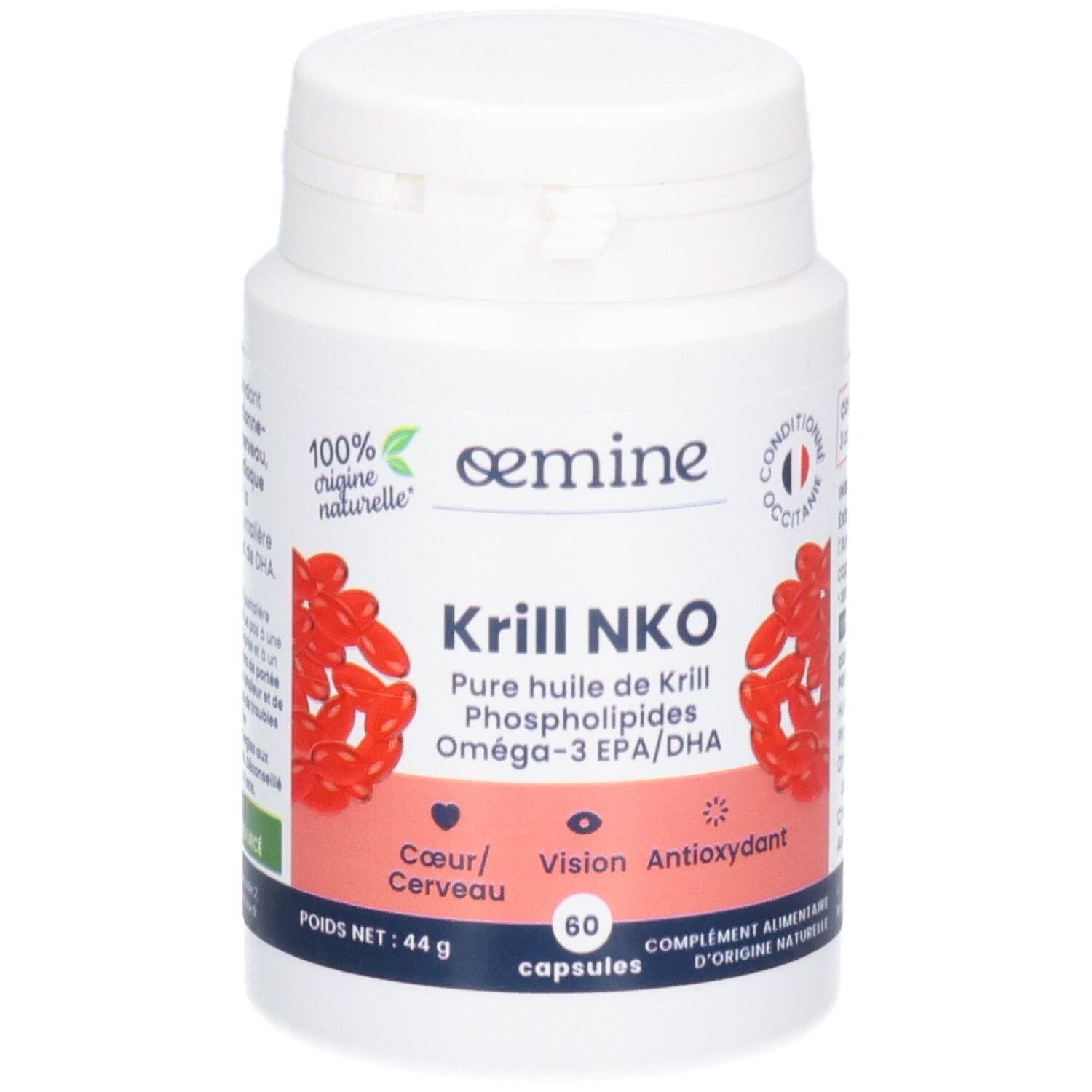 Oemine Krill NKO: Huile pure de krill, phospholipides, Oméga-3 EPA/DHA. 60 capsules.