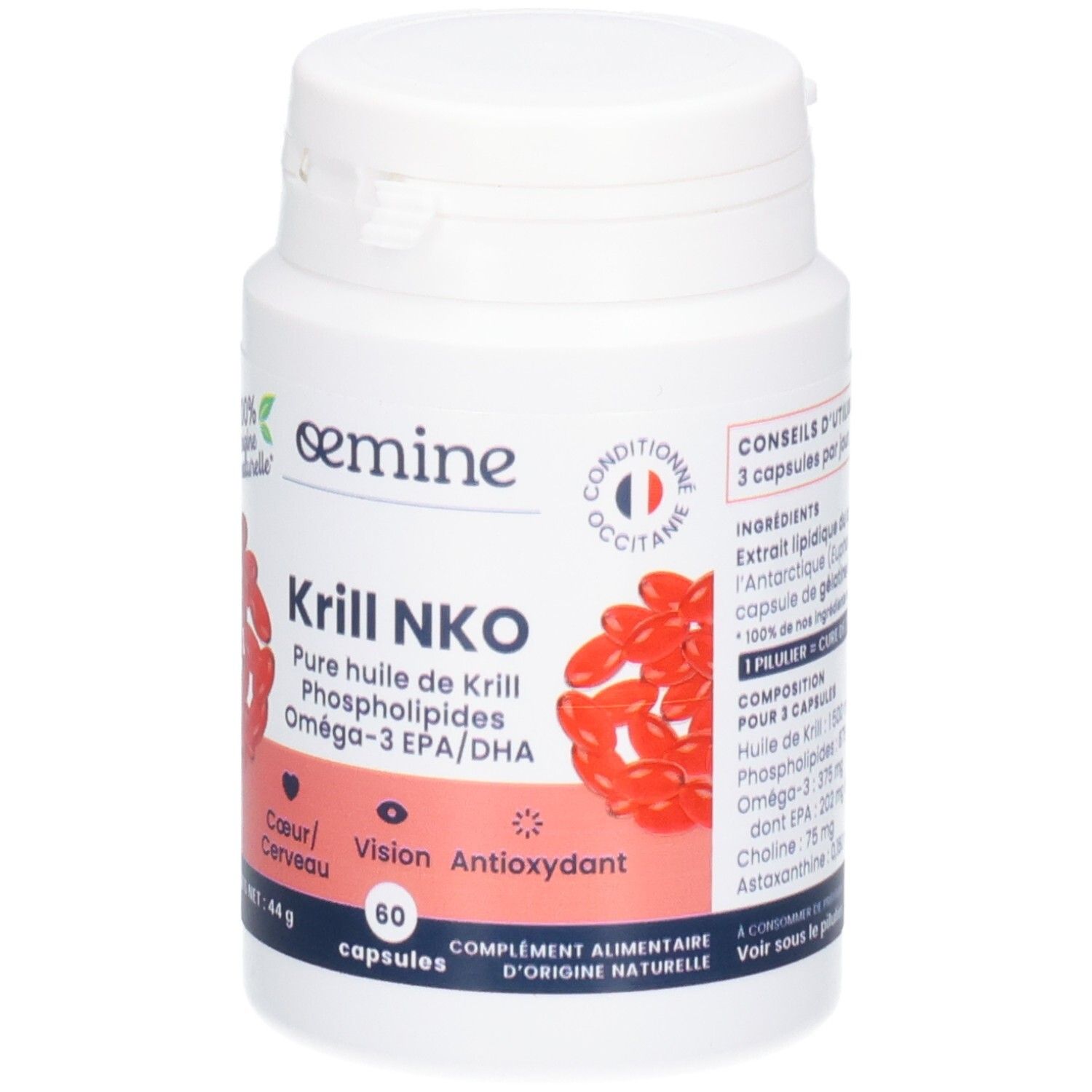 Oemine Krill NKO: Huile pure de krill, phospholipides, Oméga-3 EPA/DHA. 60 capsules.