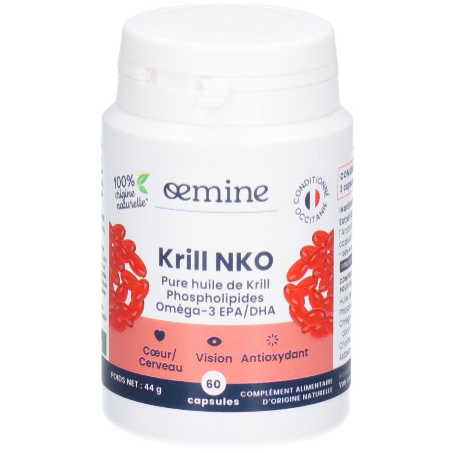 Oemine Krill NKO: Huile pure de krill, phospholipides, Oméga-3 EPA/DHA. 60 capsules.