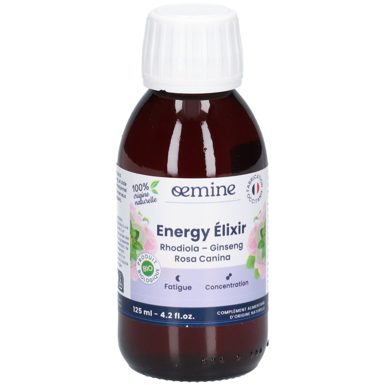 Flacon en verre brun avec bouchon blanc, étiquette "Energy Elixir" et motif floral.