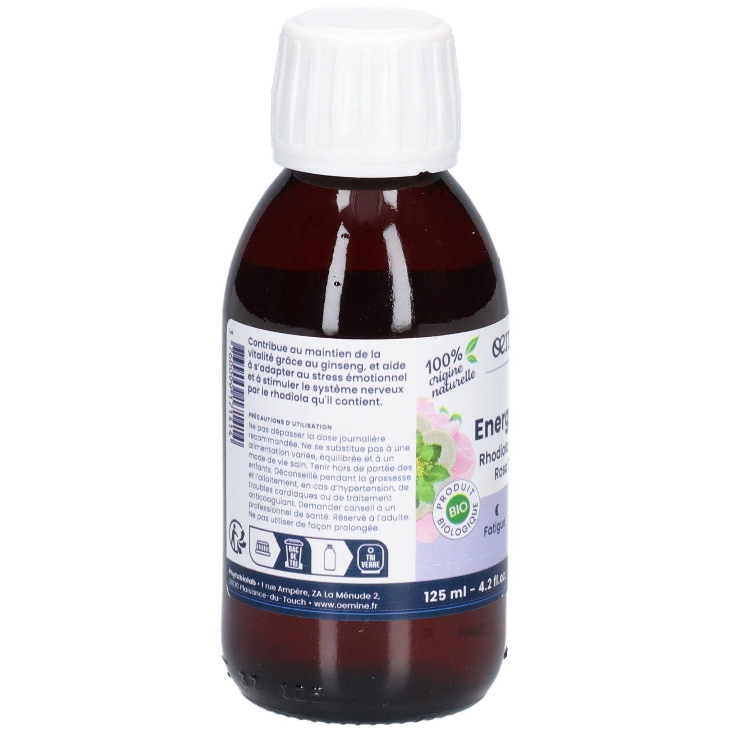 Arrière d'une bouteille avec informations produit, label Bio et "100% origine naturelle".
