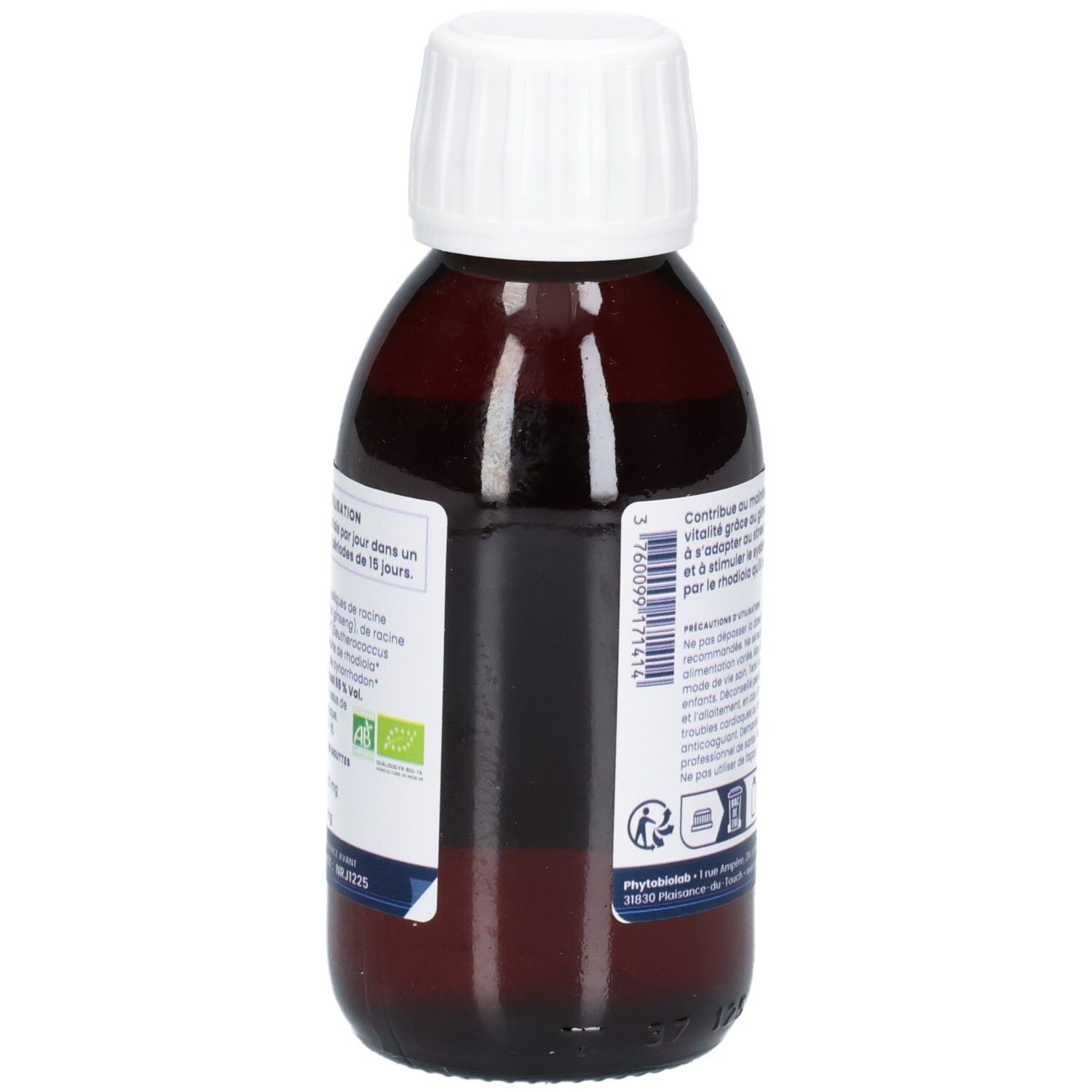 Vue latérale d'une bouteille avec étiquette montrant le label Bio et l'origine.