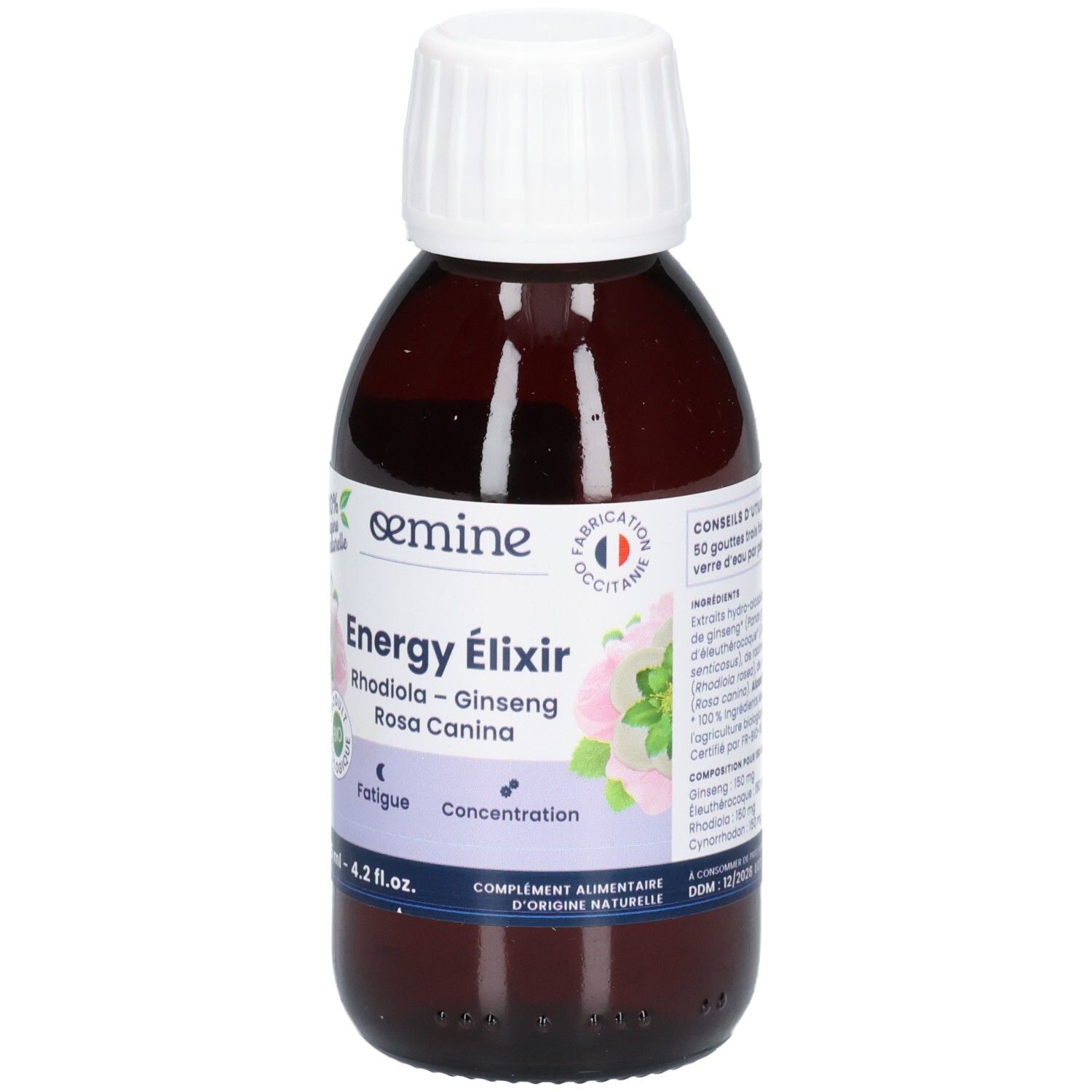 Bouteille avec étiquette : "Energy Elixir", "Rhodiola - Ginseng", "Fatigue", "Concentration", "Fabriqué en Occitanie".