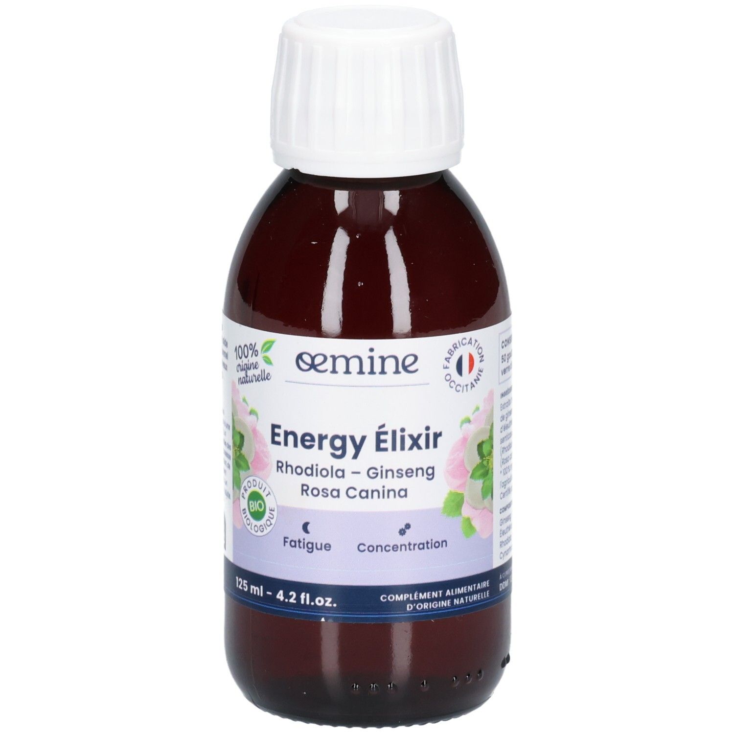 Bouteille avec étiquette montrant "Energy Elixir", "Rhodiola - Ginseng", "Fatigue", "Concentration" et label Bio.