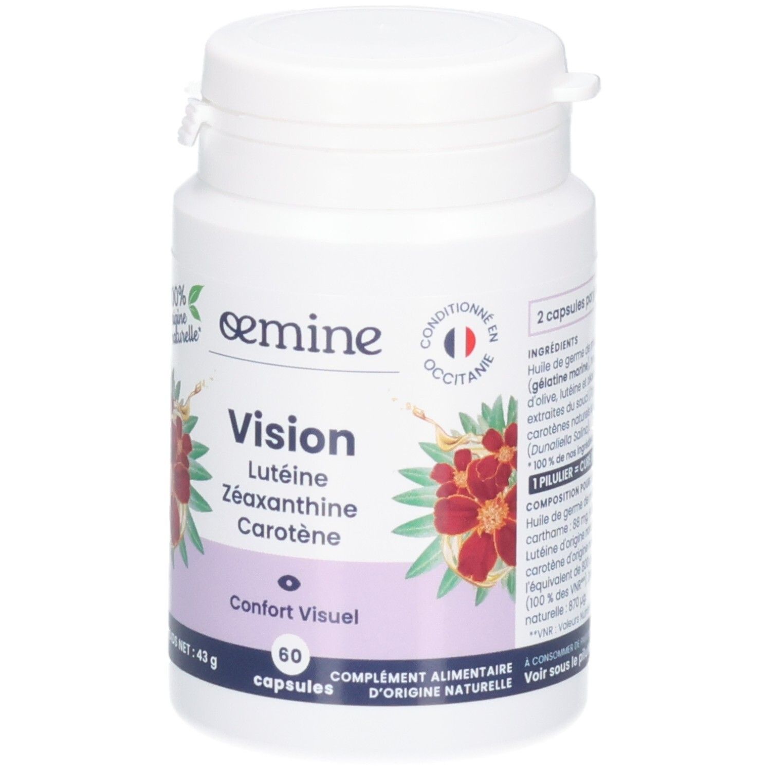 Avant d'une boîte de 60 gélules Oemine Vision, Luteine, Zeaxanthine, Carotène.