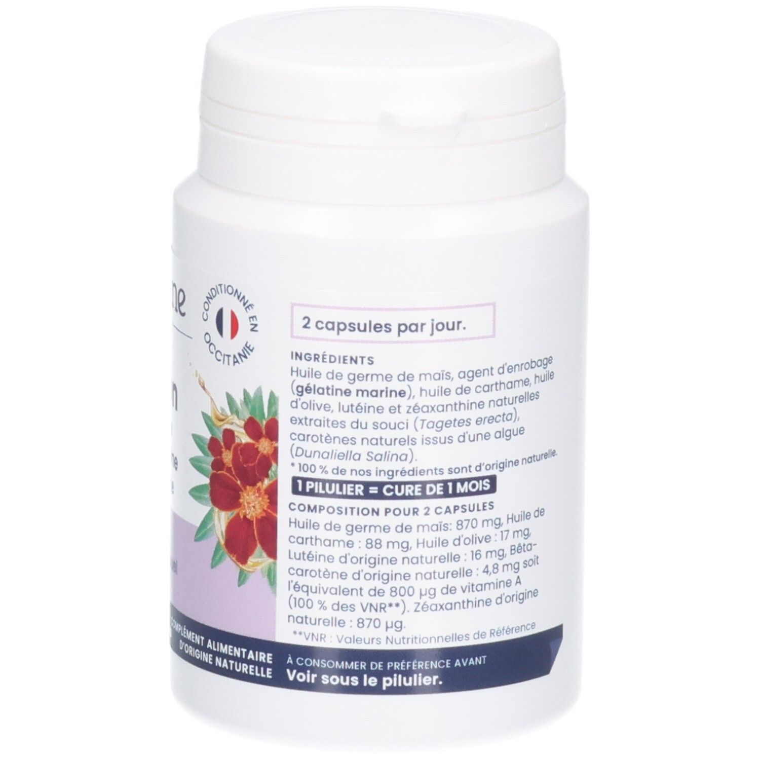Arrière d'une boîte de gélules Oemine Vision avec liste des ingrédients et valeurs nutritionnelles.