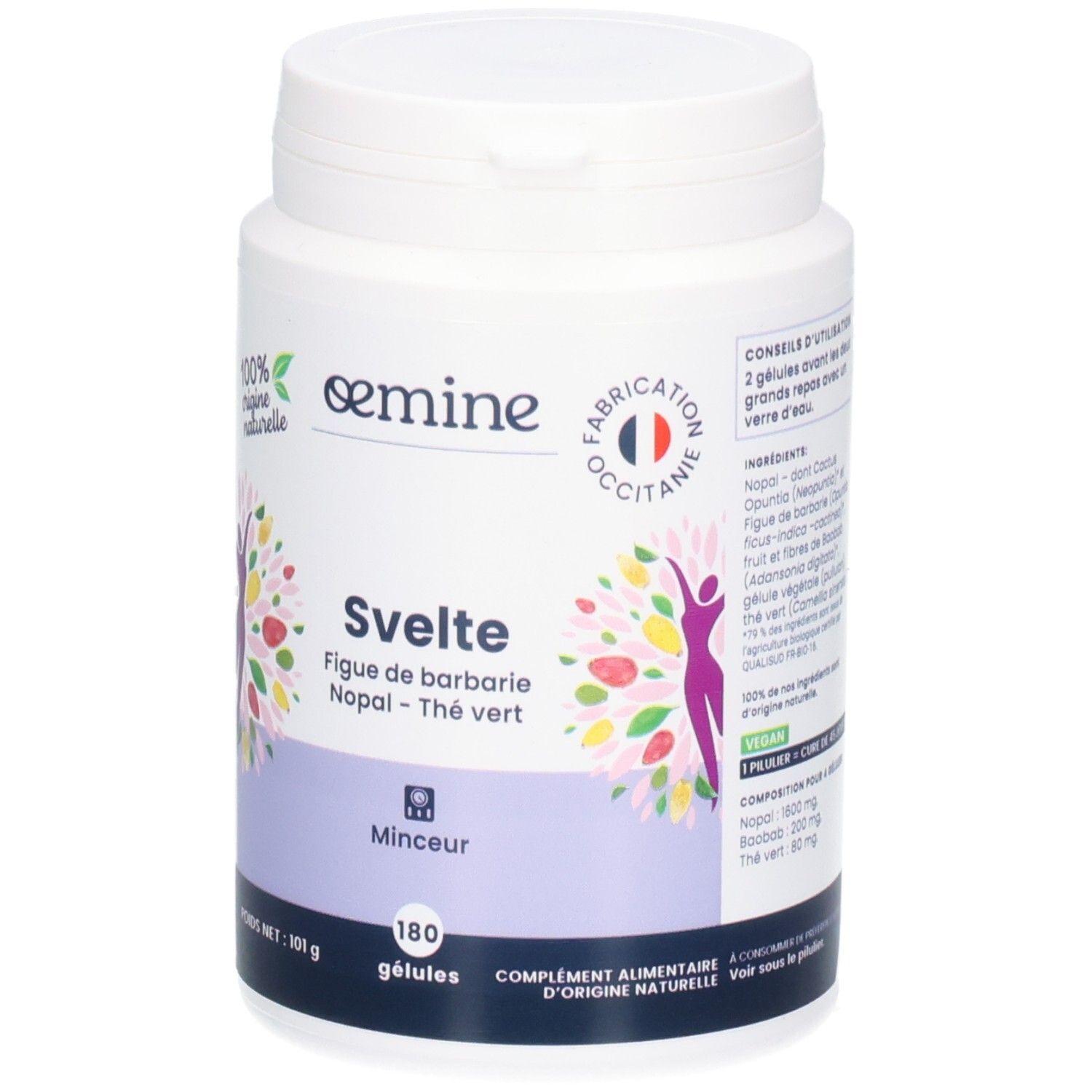 Avant d'un pot OEMINE SVELTE avec détails sur figue de barbarie, nopal, thé vert.
