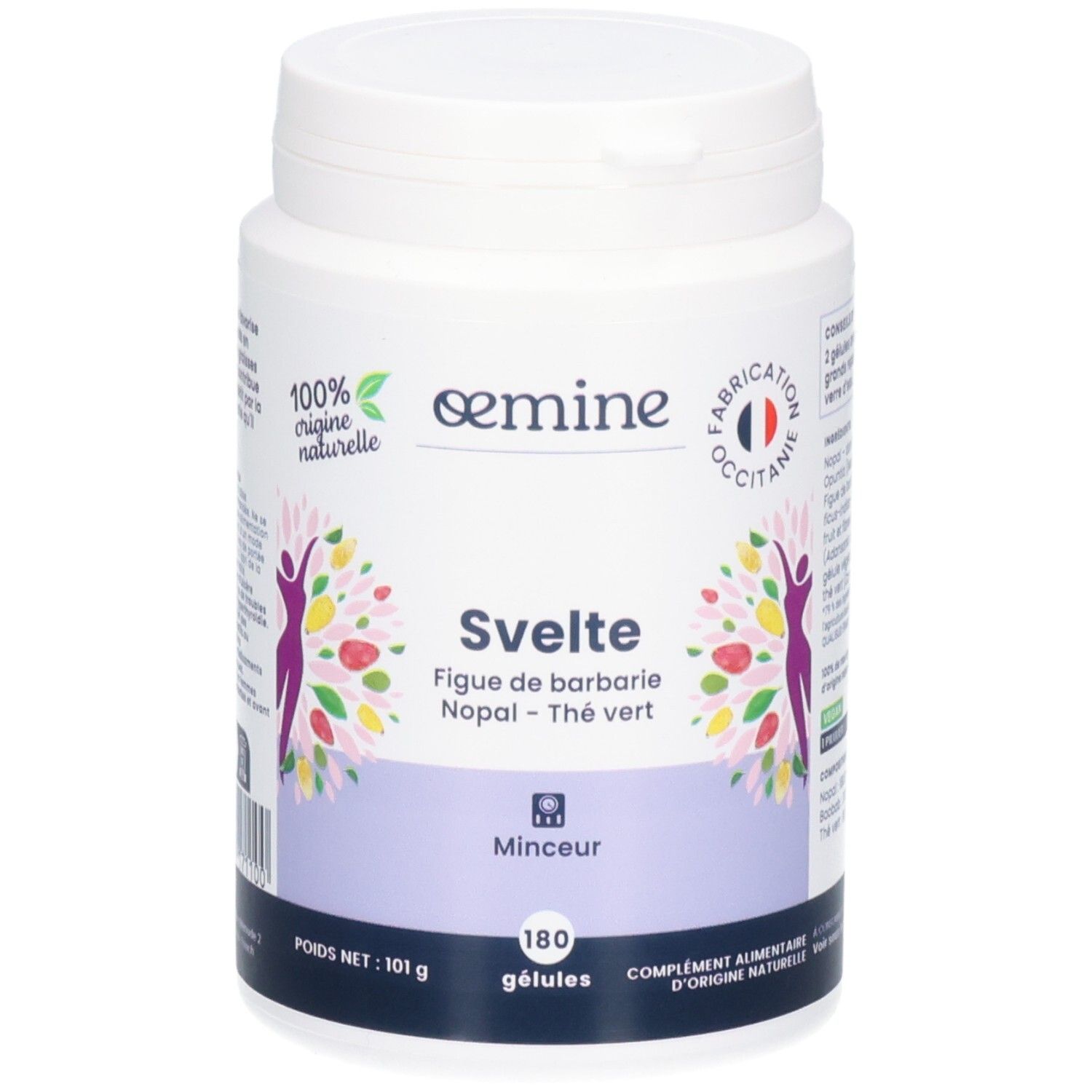 Vue avant détaillée du pot OEMINE SVELTE, 180 gélules, origine naturelle.