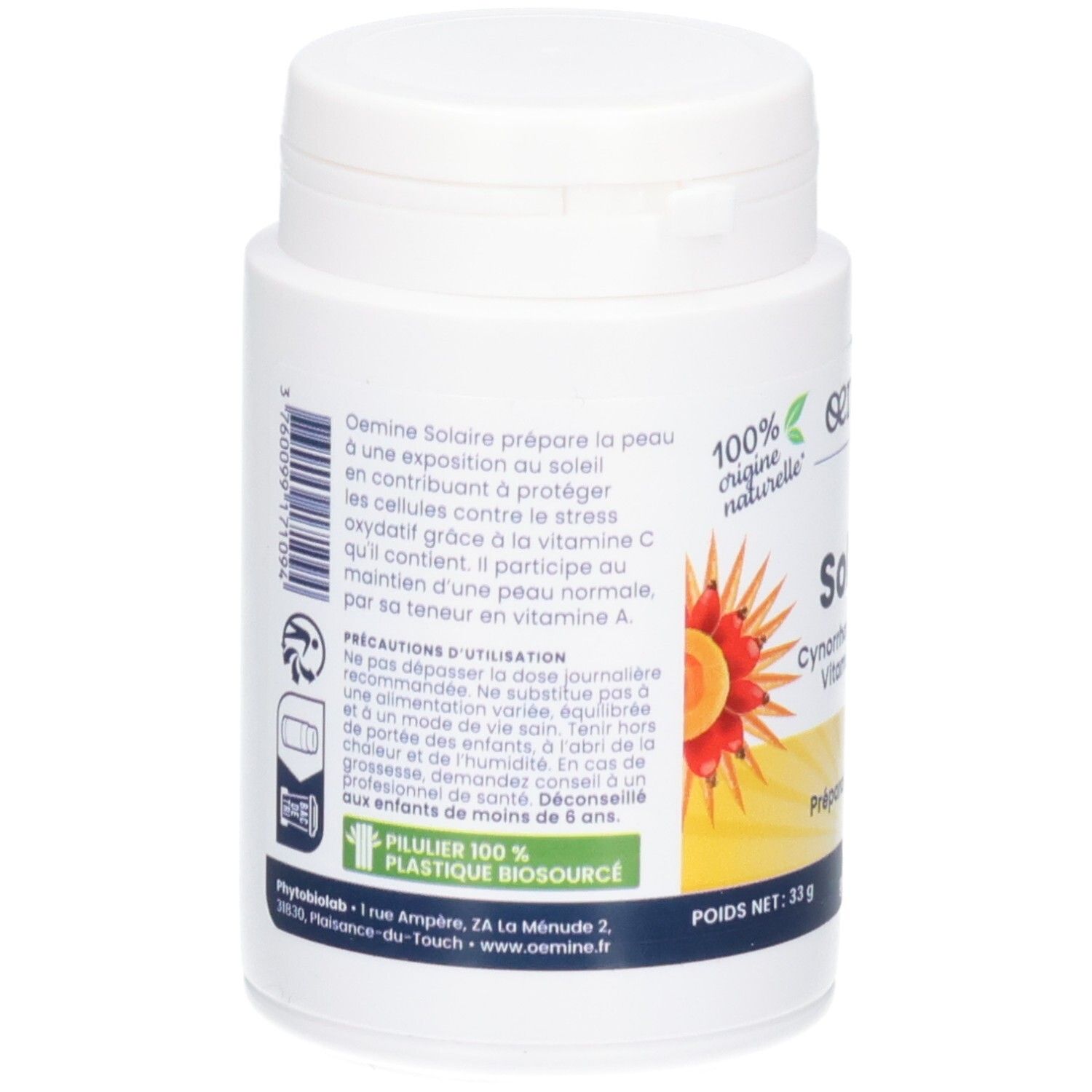 Arrière d'un pot blanc OEMINE SOLAIRE, avec informations produit.