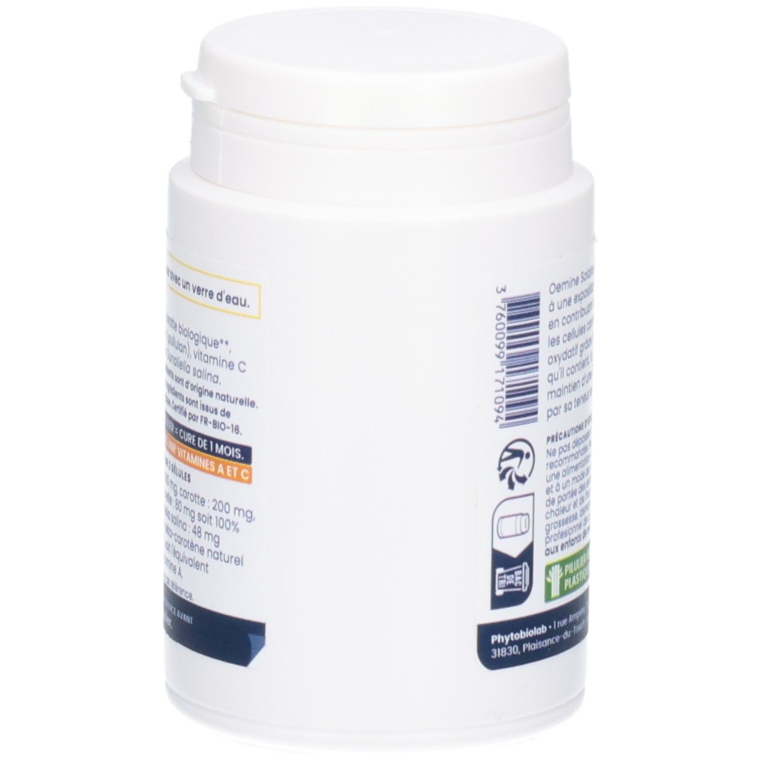 Côté d'un pot blanc OEMINE SOLAIRE, avec informations produit.