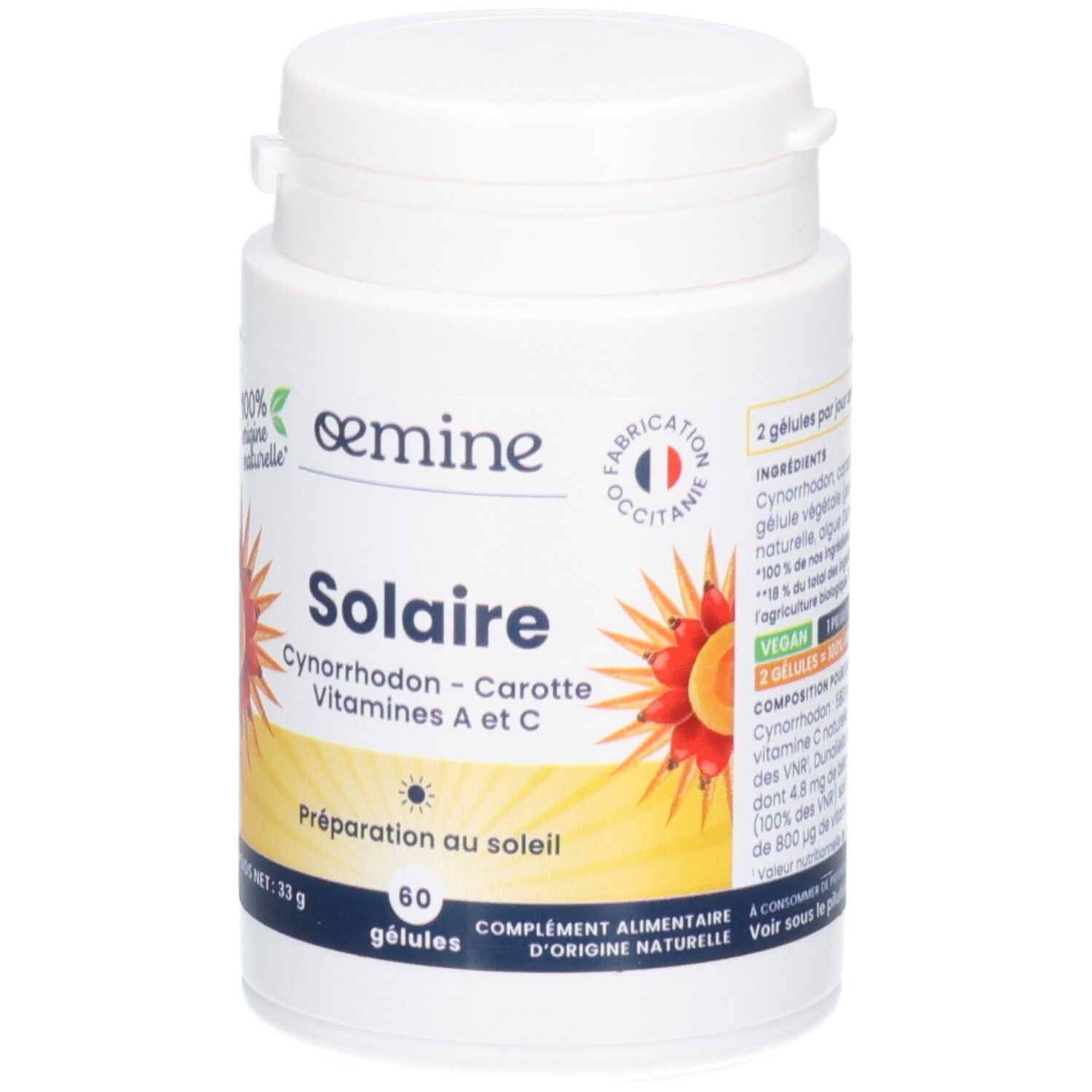 Avant d'un pot blanc OEMINE SOLAIRE, avec liste des ingrédients.