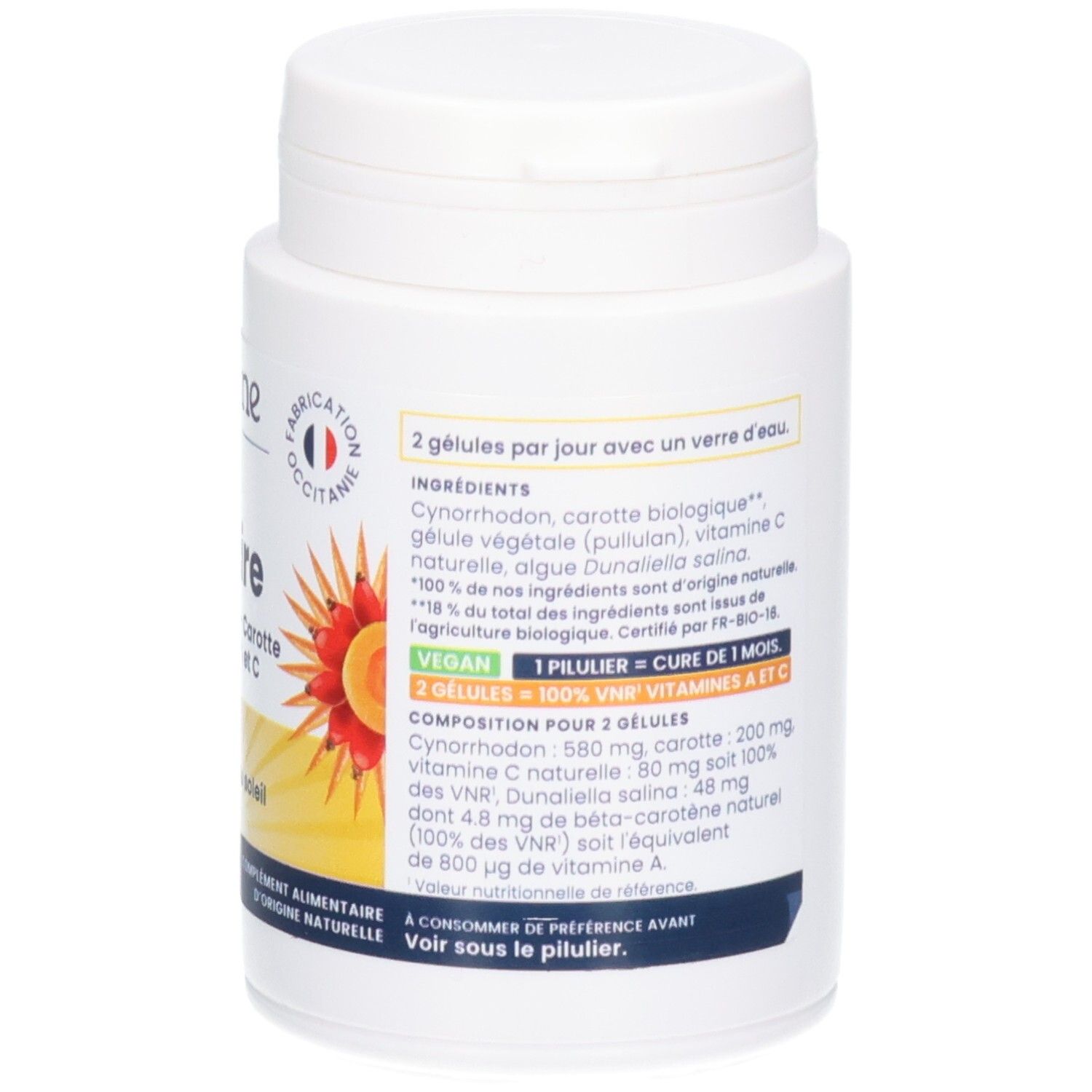 Arrière d'un pot blanc OEMINE SOLAIRE, avec ingrédients et dosage.