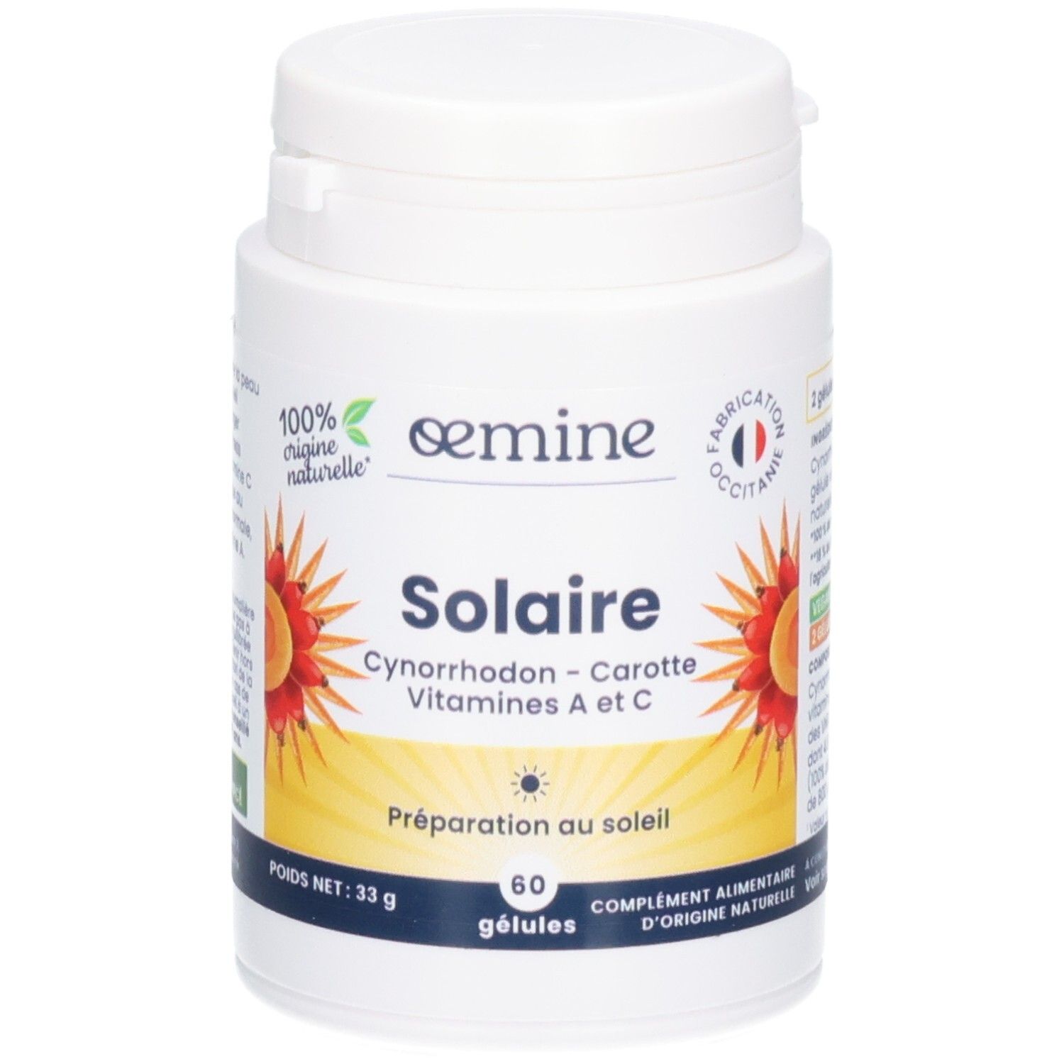 Avant d'un pot blanc OEMINE SOLAIRE, avec motif soleil.