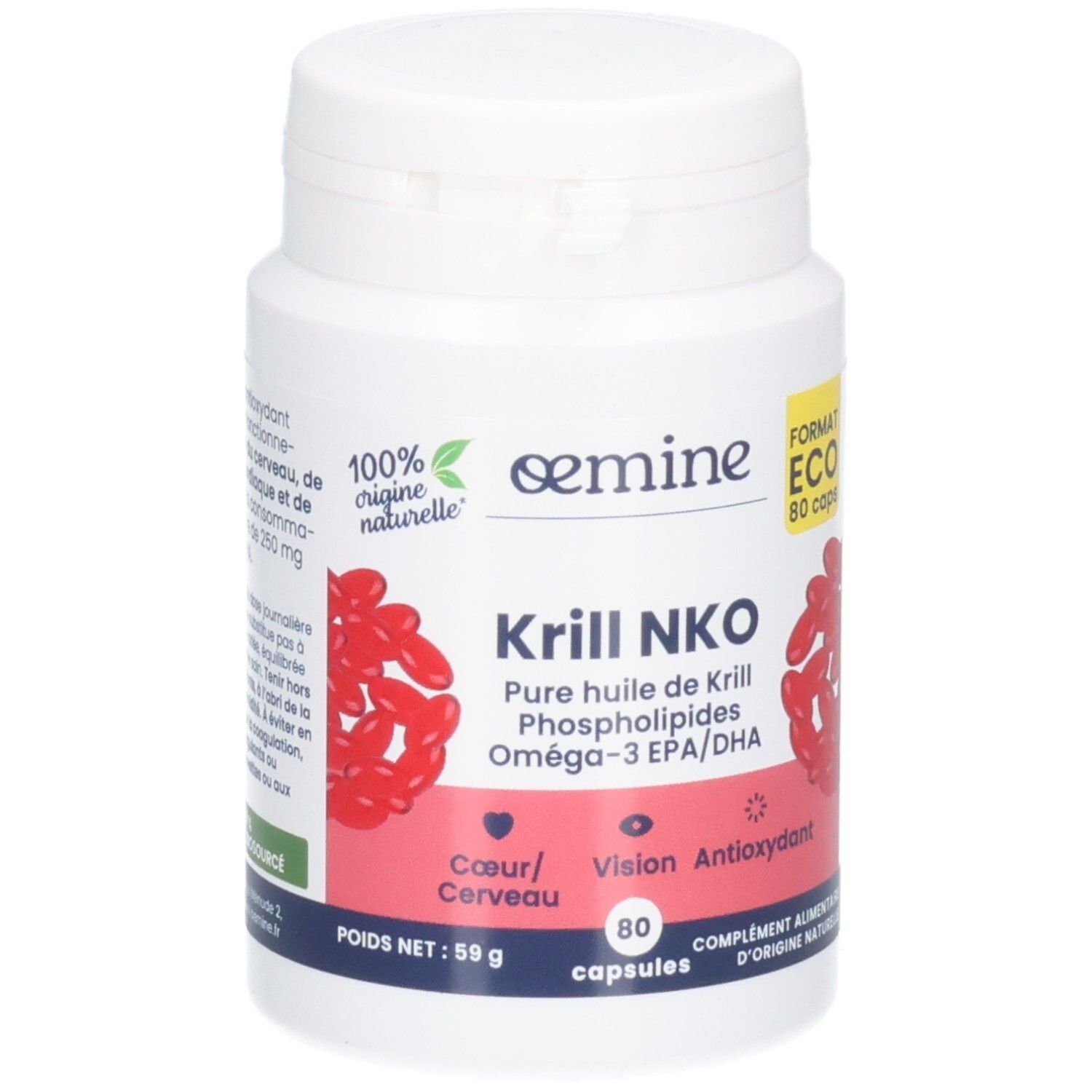 Pot blanc de 80 capsules d'huile de krill, Oméga-3 EPA/DHA. Origine naturelle.