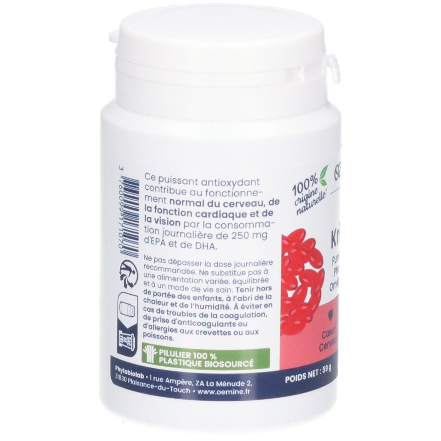 Arrière d'un pot de 80 capsules d'huile de krill. Contient des informations sur la composition et l'usage.