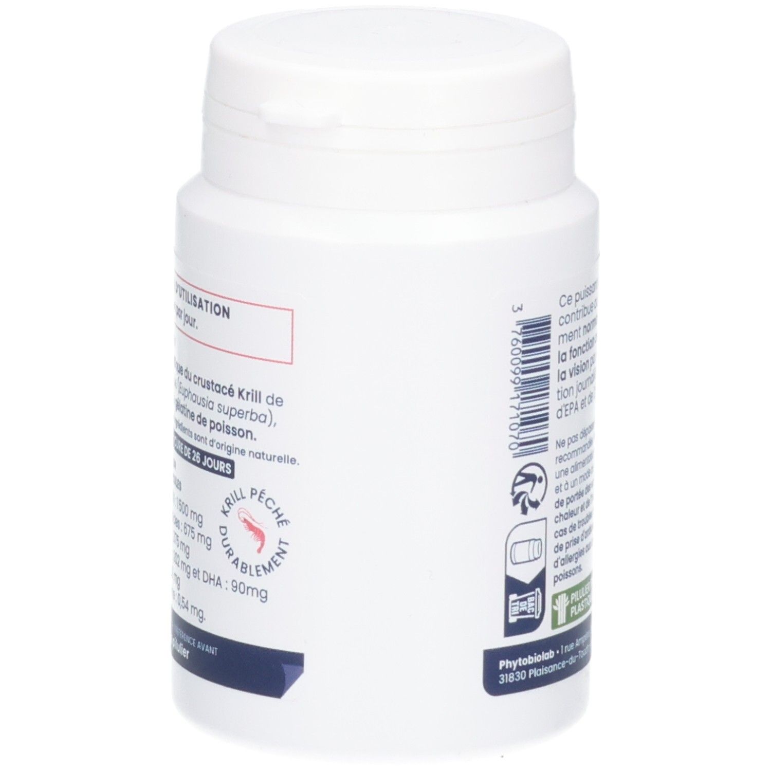 Côté d'un pot de 80 capsules d'huile de krill. Informations sur les ingrédients et l'origine.