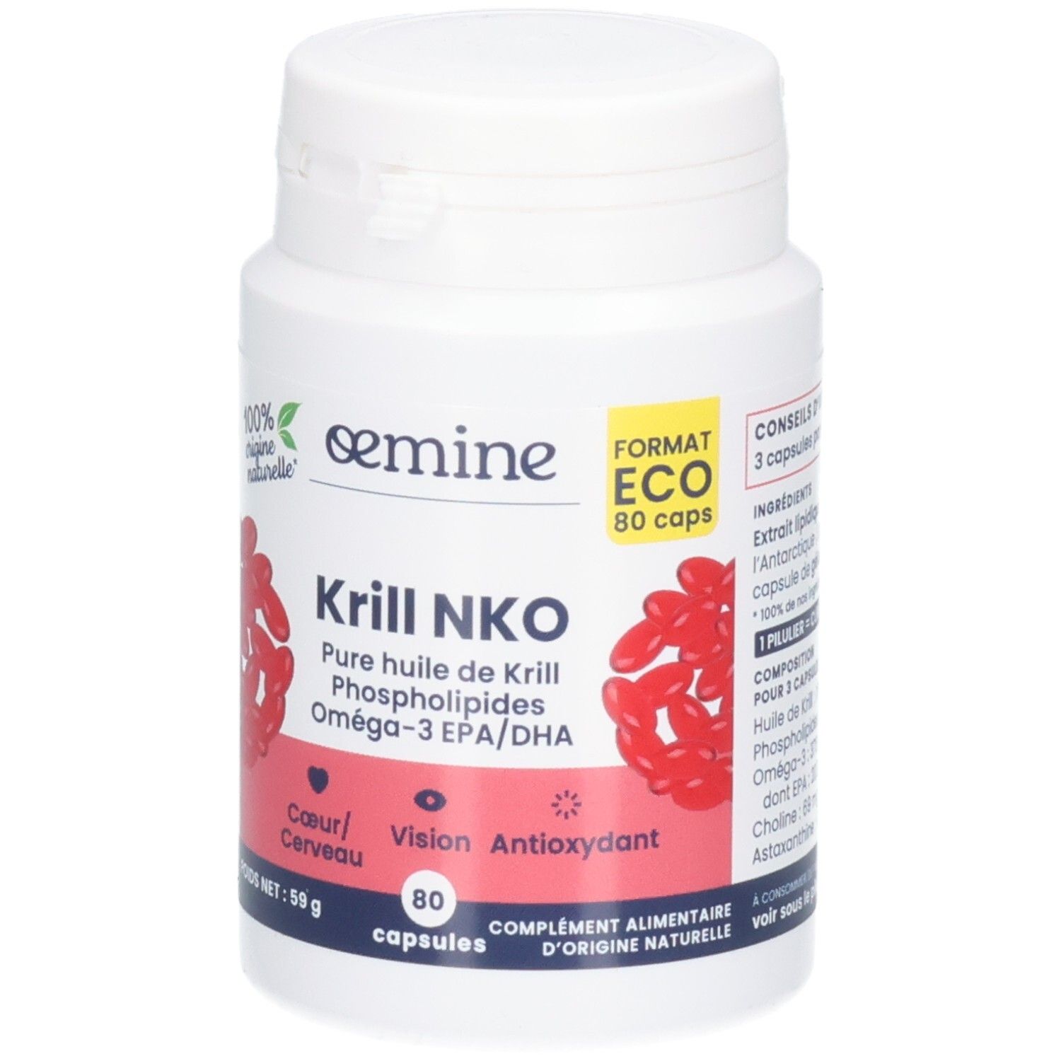 Pot blanc de 80 capsules d'huile de krill, Oméga-3 EPA/DHA. Origine naturelle. Pour cœur, cerveau, vision.