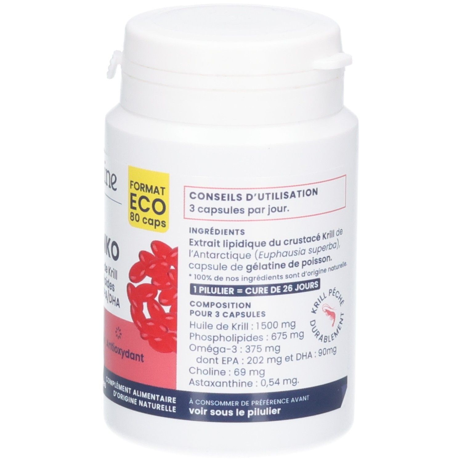 Avant d'un pot de 80 capsules d'huile de krill. Contient des conseils d'utilisation et la composition.