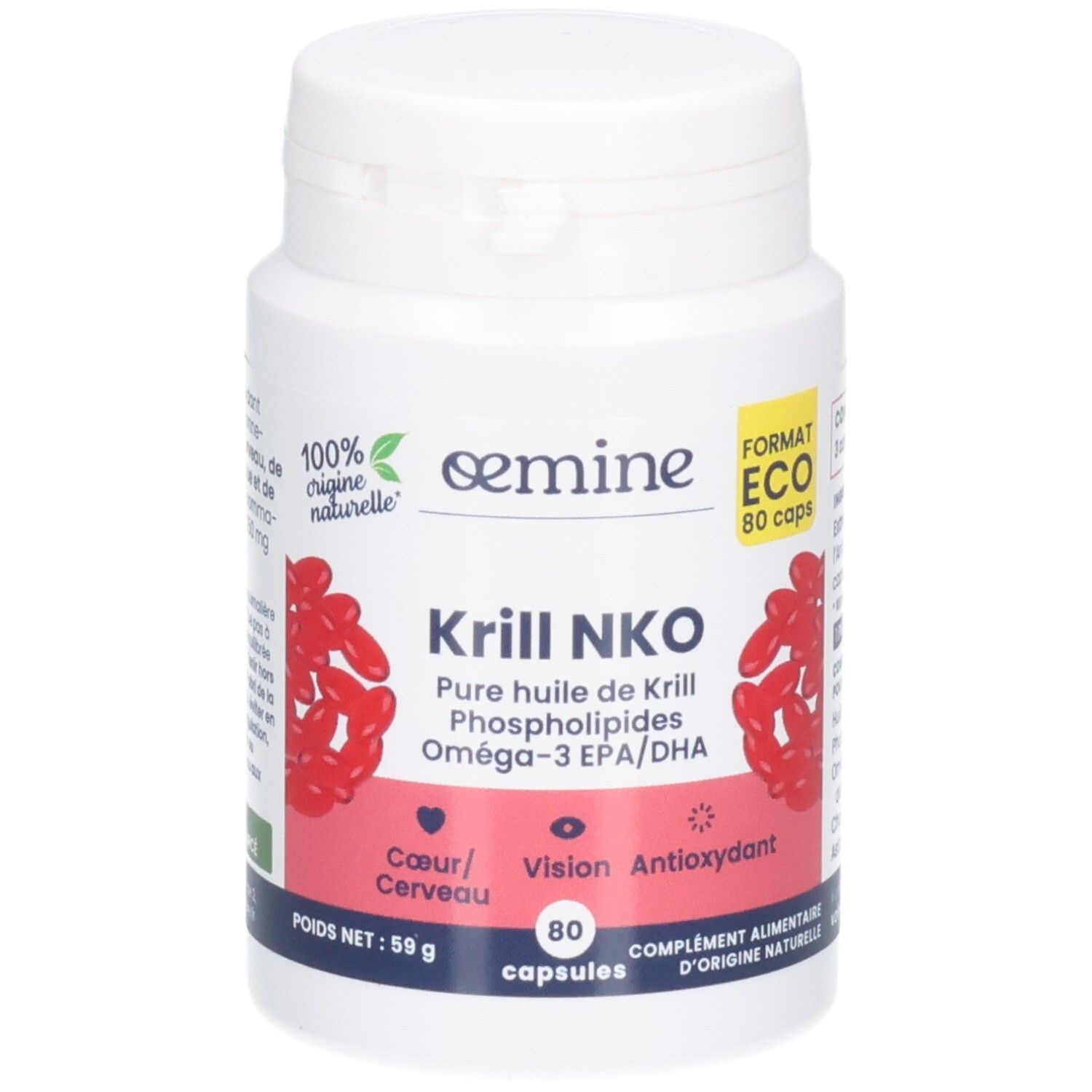 Pot blanc de 80 capsules d'huile de krill, Oméga-3 EPA/DHA. Origine naturelle. Pour cœur, cerveau, vision.