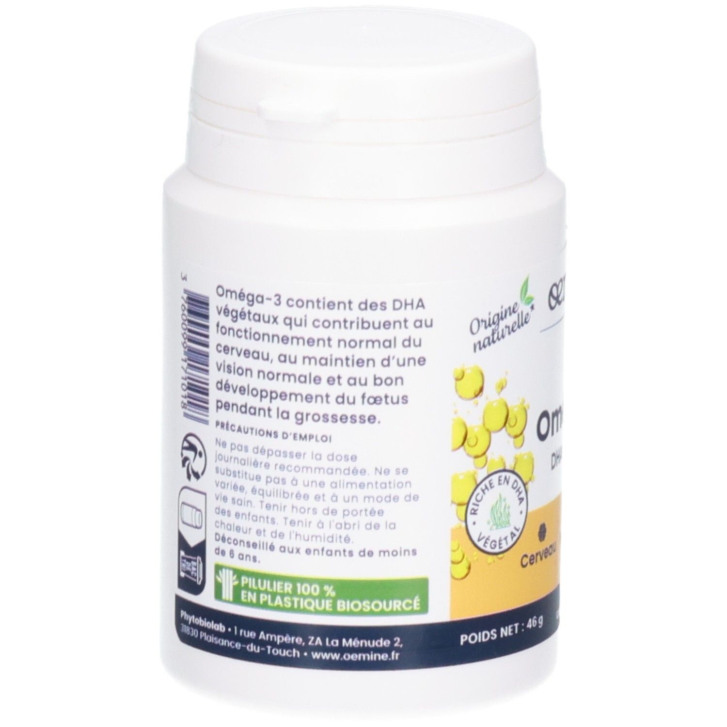 Arrière d'un pot de 60 capsules Oméga-3 végétales, DHA.