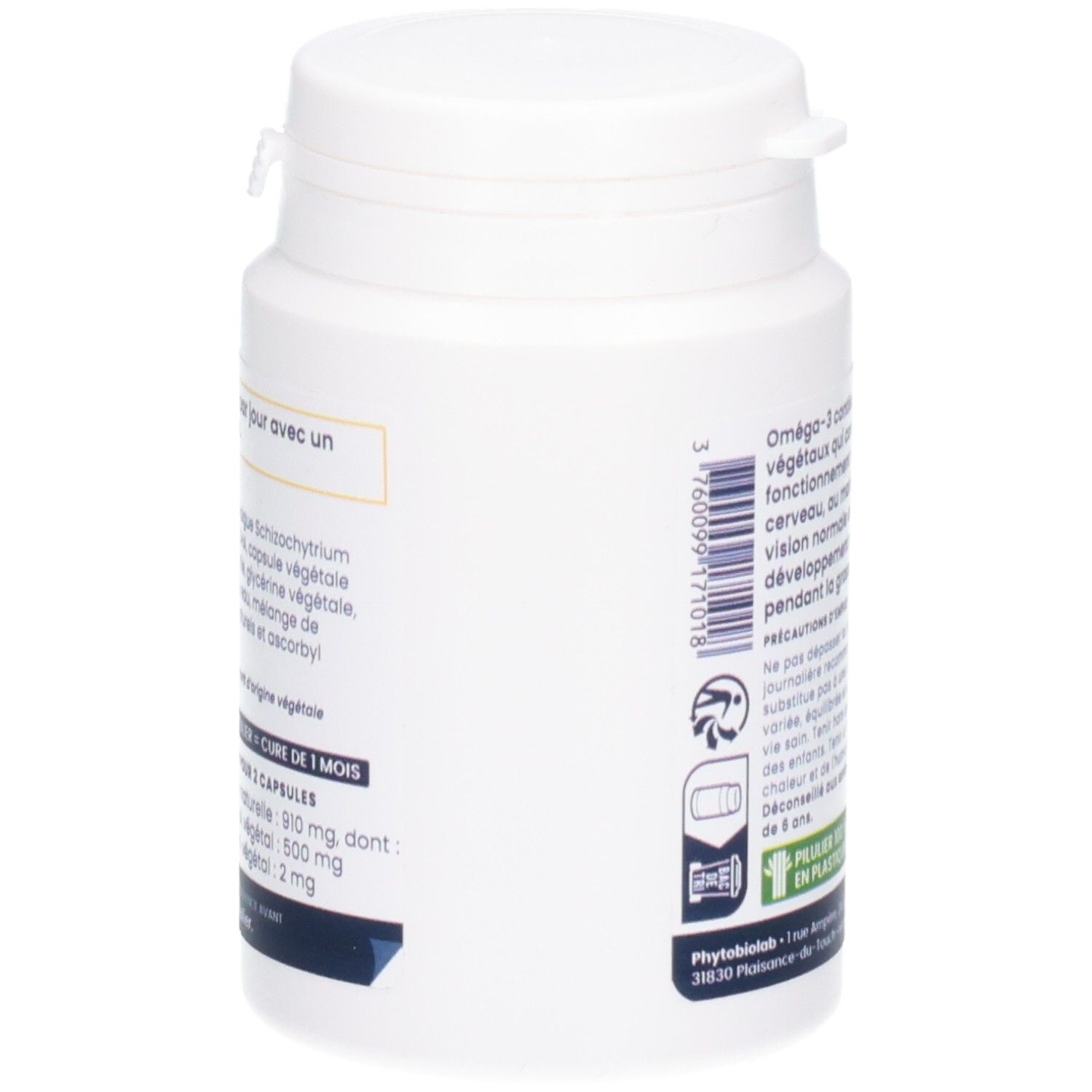 Vue latérale d'un pot de 60 capsules Oméga-3 végétales.