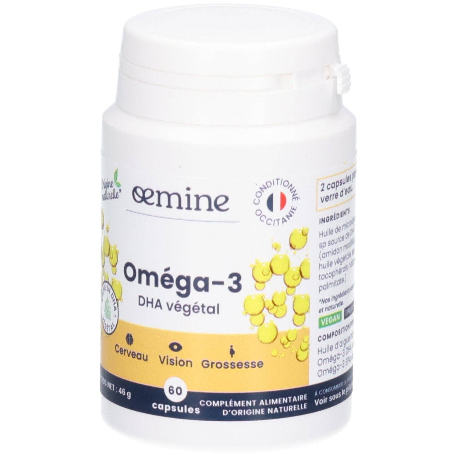 Avant d'un pot de 60 capsules Oméga-3 végétales.
