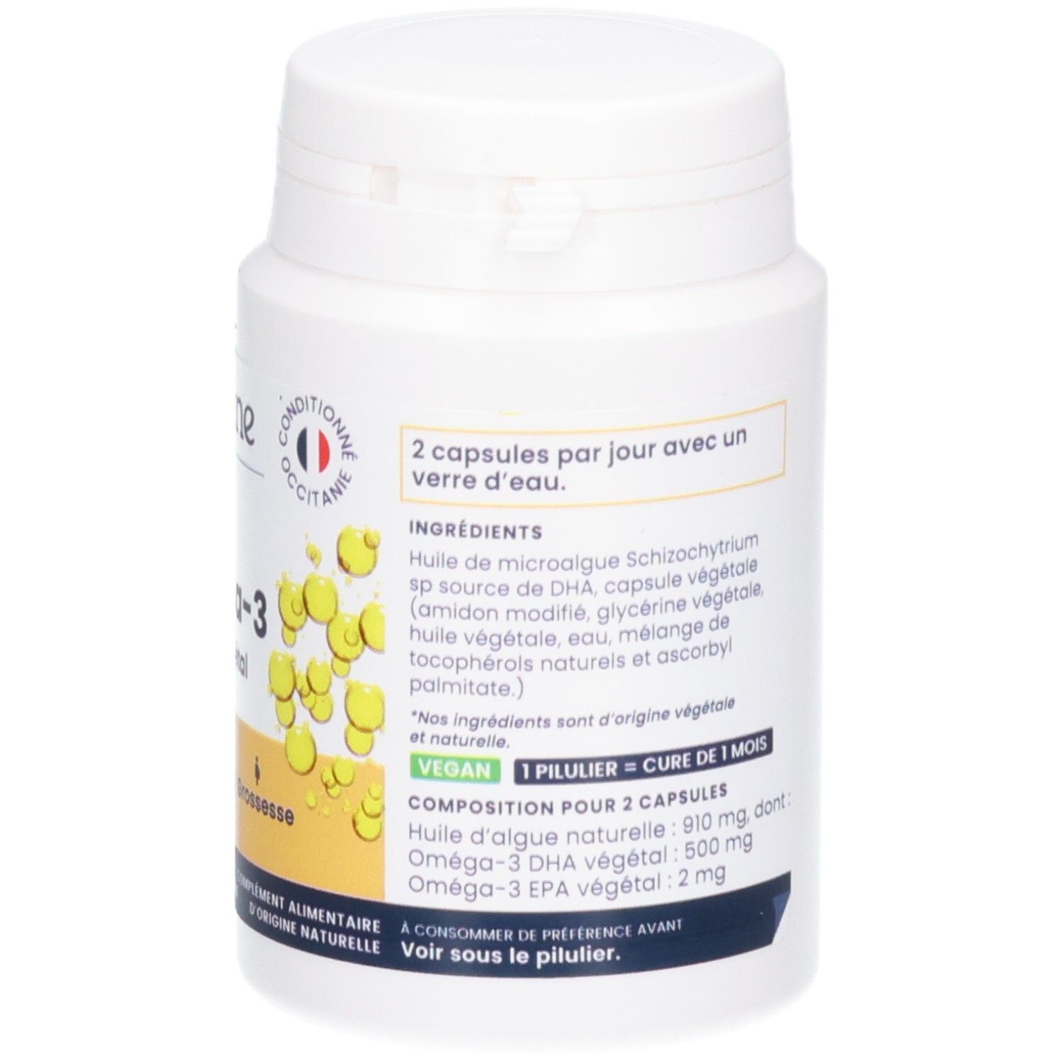 Arrière d'un pot de 60 capsules Oméga-3 végétales.