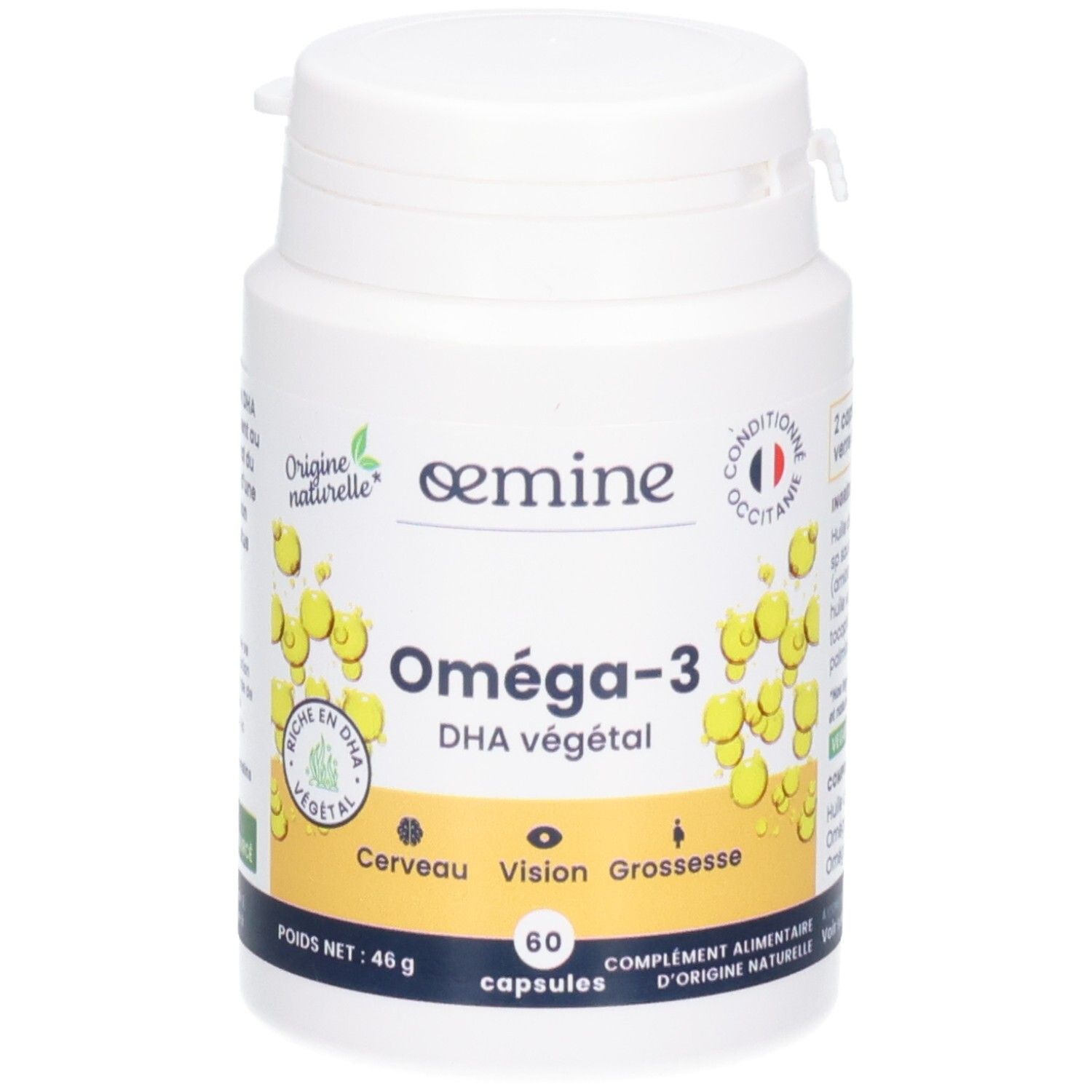 Avant d'un pot de 60 capsules Oméga-3 végétales.