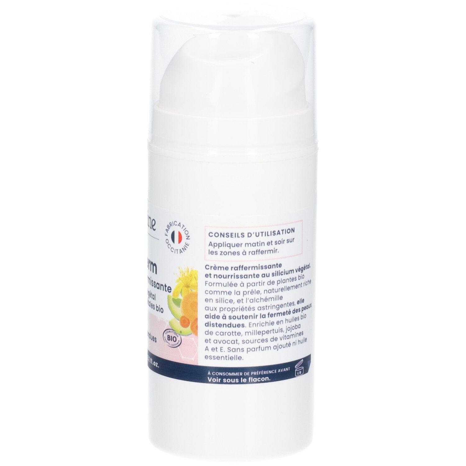 Arrière d'un flacon blanc avec pompe. Étiquette avec conseils d'utilisation et description du produit en français.