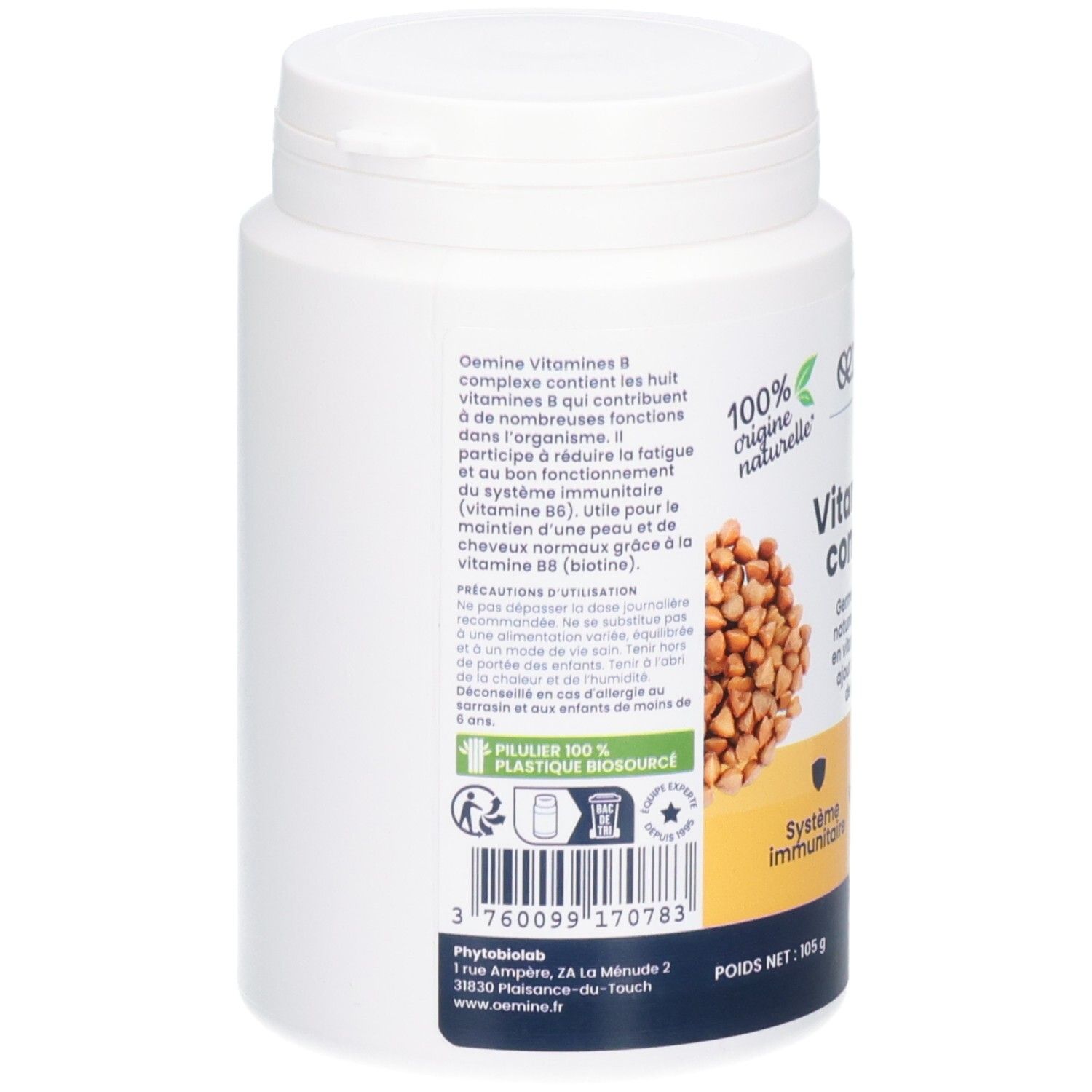 Arrière d'un pot de capsules Vitamines B complexe, 180 gélules.