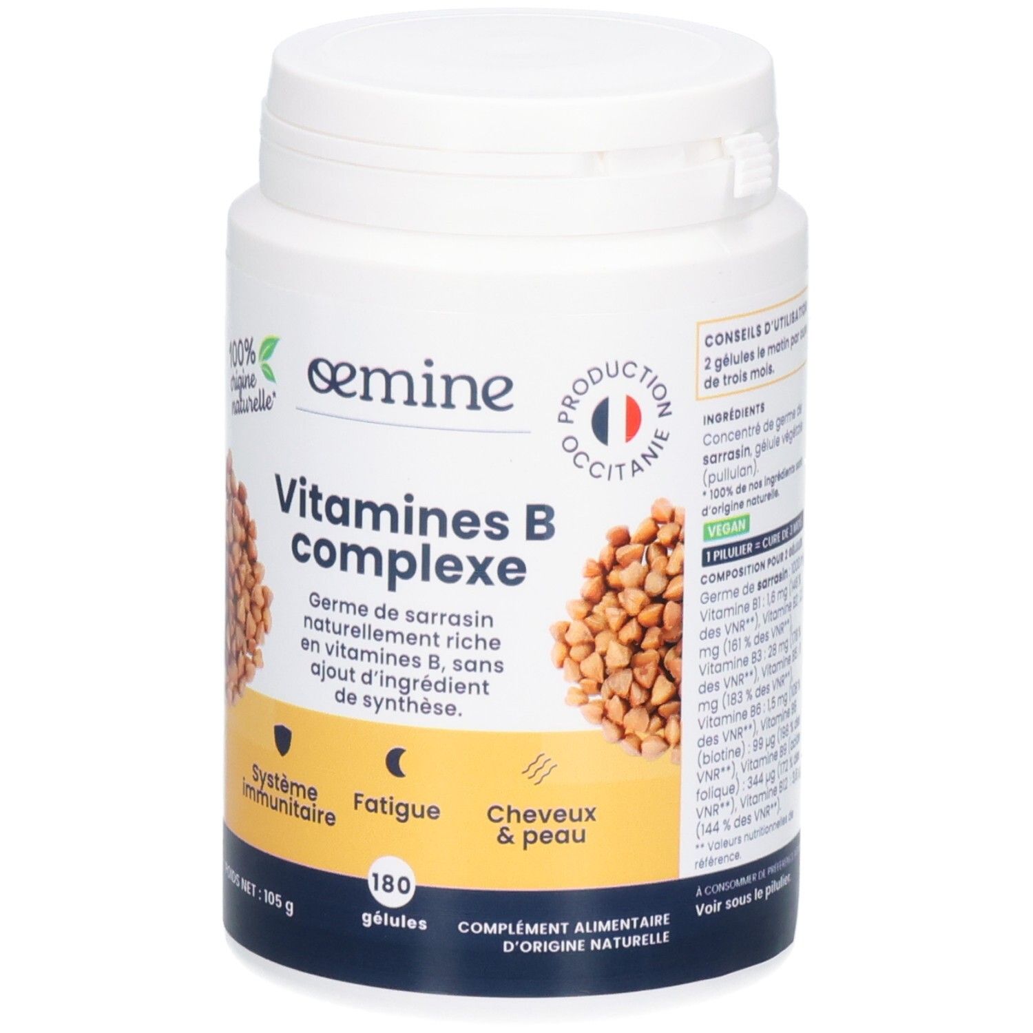 Avant d'un pot de capsules Vitamines B complexe, 180 gélules.