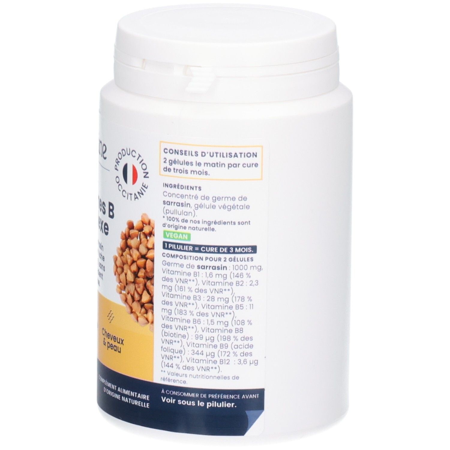 Vue détaillée de l'arrière d'un pot de capsules Vitamines B complexe.