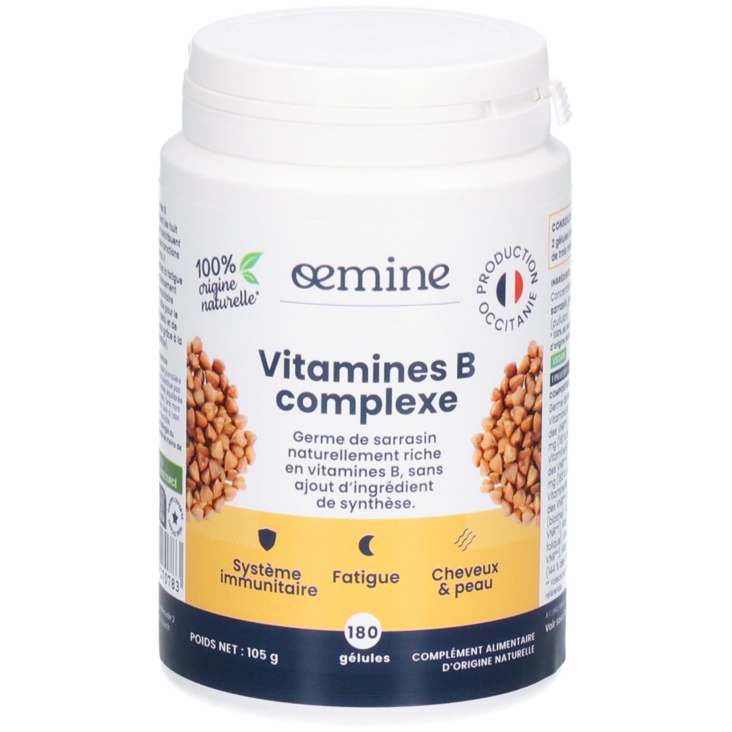 Avant d'un pot de capsules Vitamines B complexe, 180 gélules.