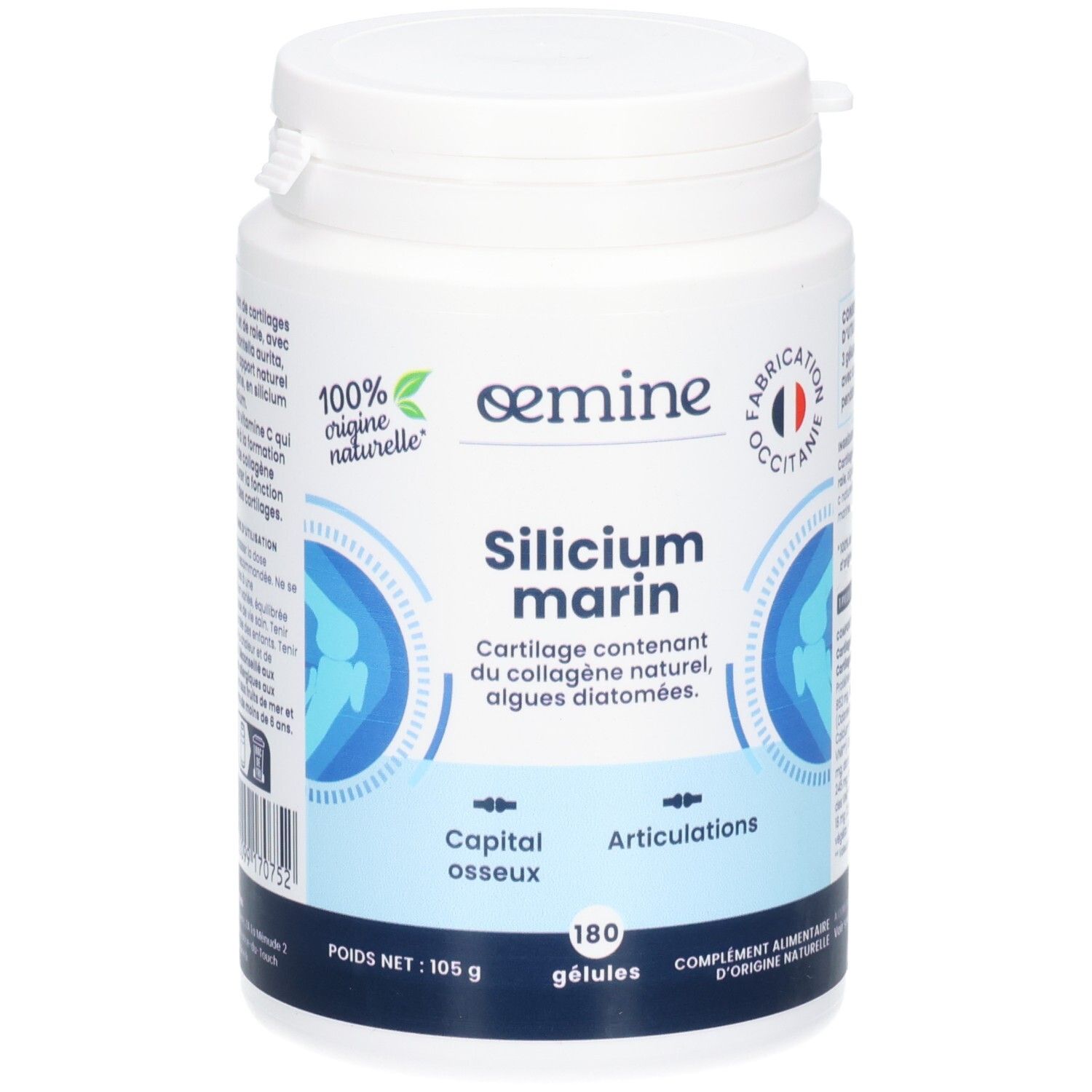 Pot blanc OEMINE Silicium Marin, 180 gélules. 100% origine naturelle.