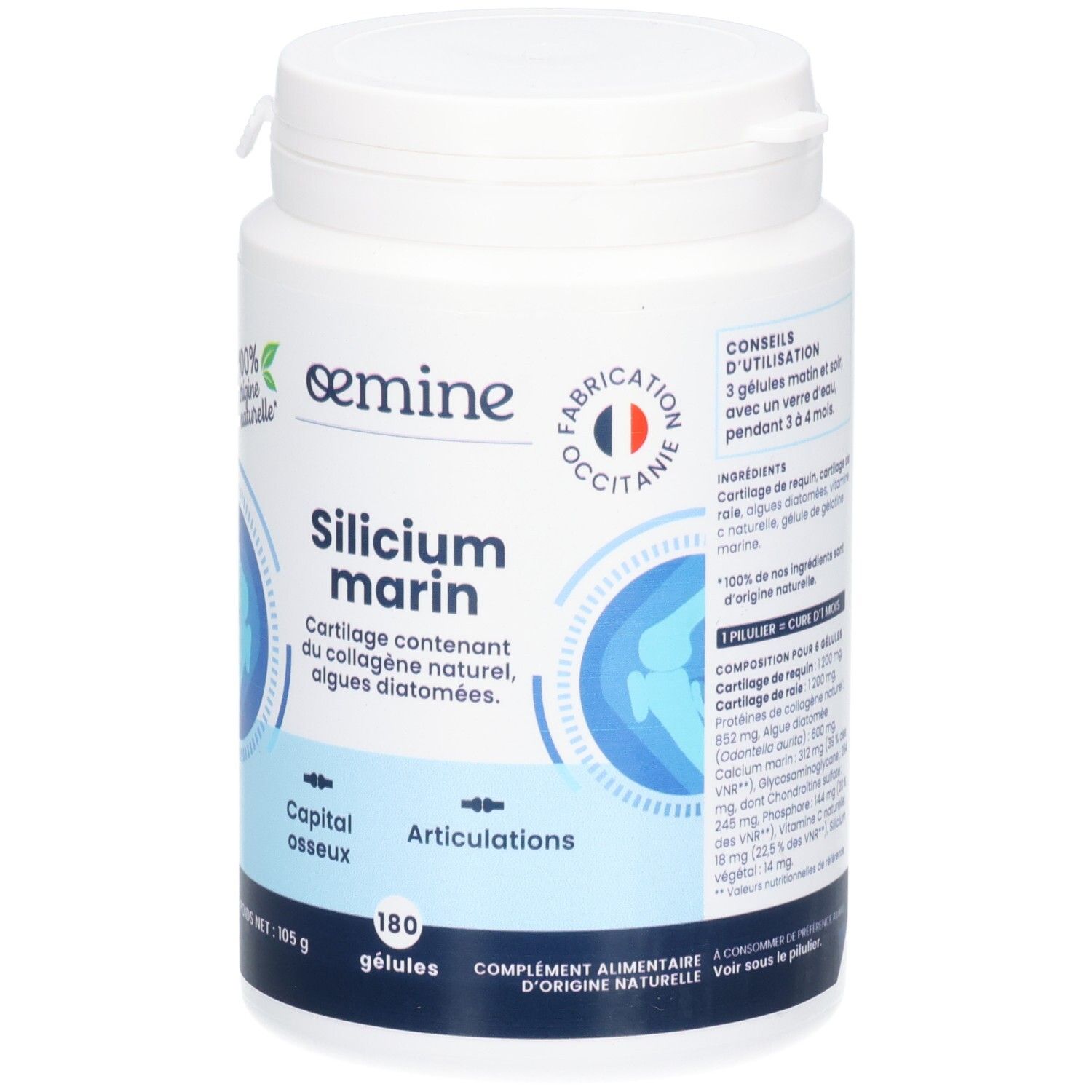 Avant du pot OEMINE Silicium Marin. Contient ingrédients et conseils d'utilisation.
