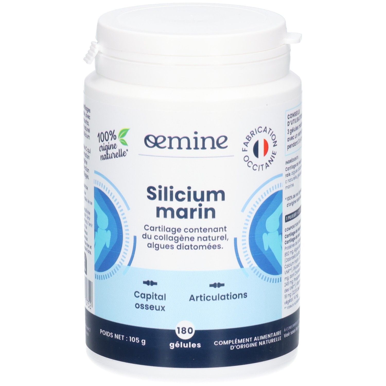 Avant du pot OEMINE Silicium Marin. 180 gélules, origine naturelle.