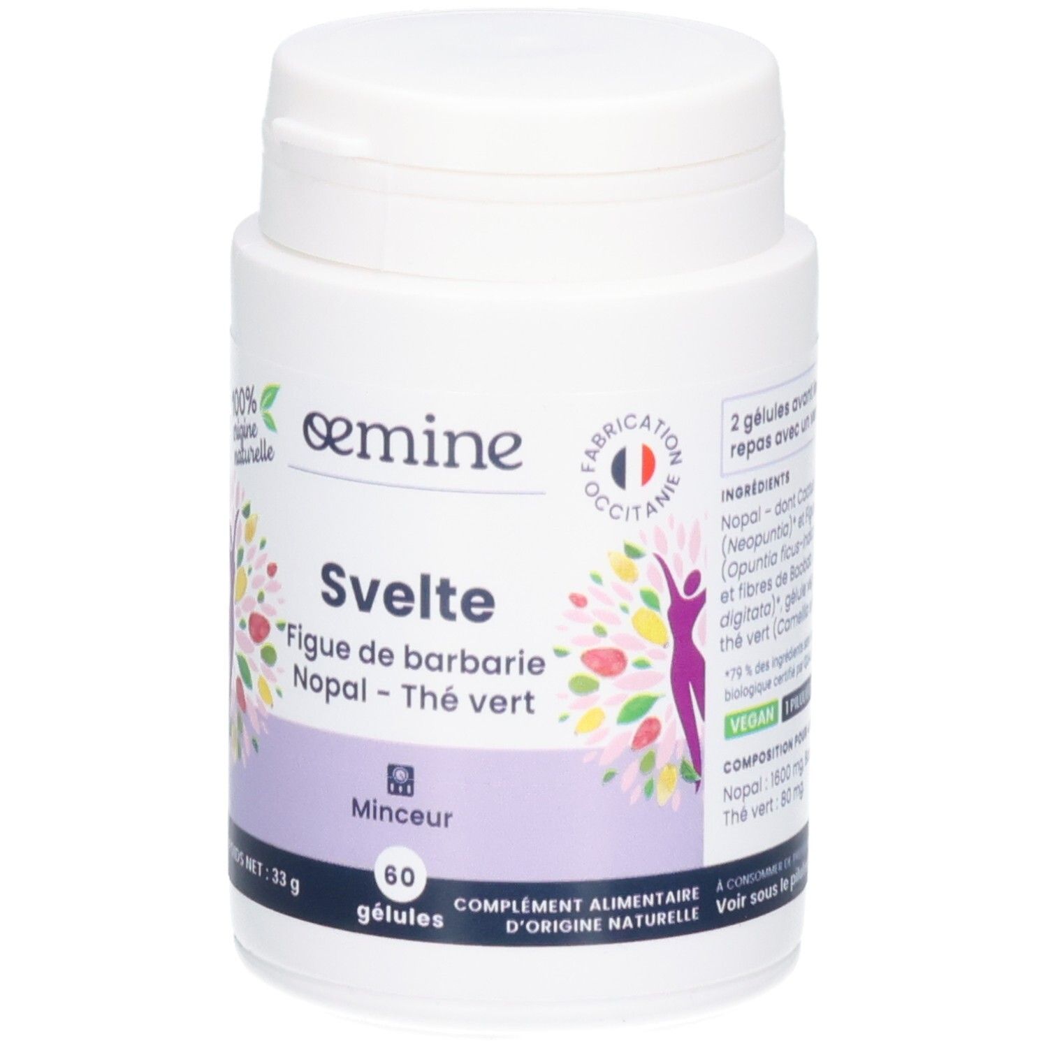Avant de la boîte Oemine Svelte, 60 gélules, avec sceau '100% origine naturelle'.