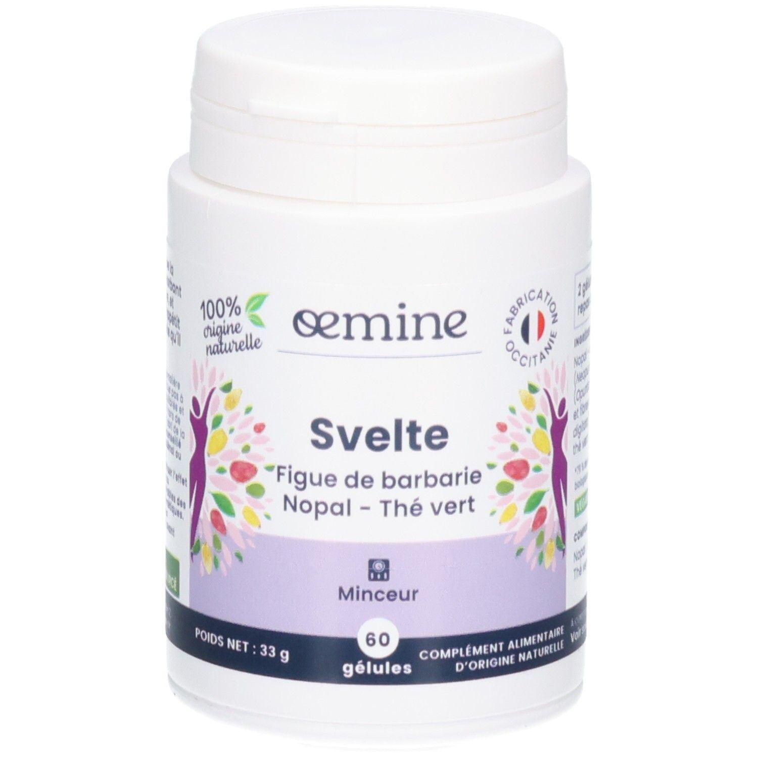 Avant de la boîte Oemine Svelte, 60 gélules, mettant en avant les ingrédients naturels.