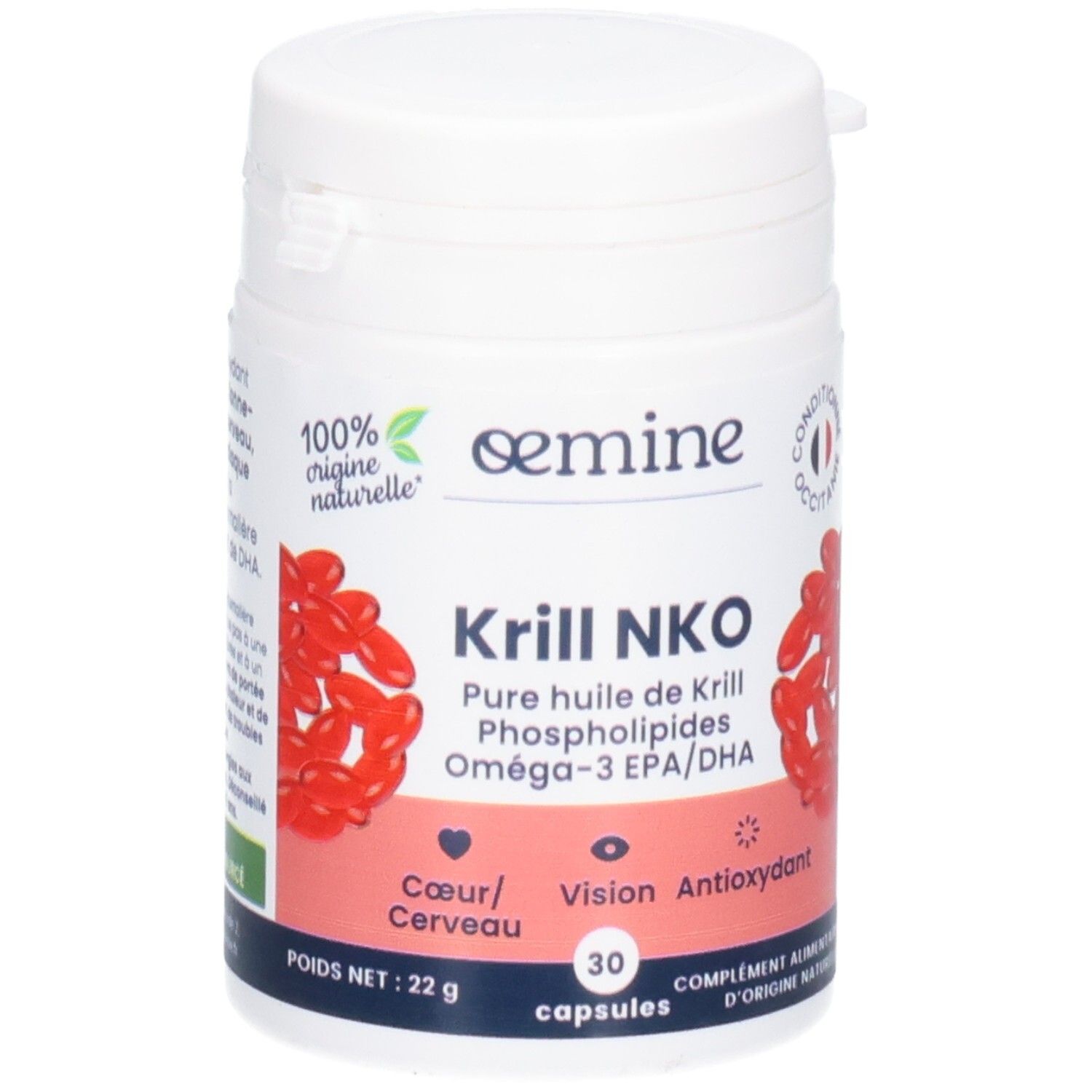Pot blanc OEMINE Krill NKO, 30 capsules. Huile de krill riche en Oméga-3 EPA/DHA pour cœur, cerveau, vision.