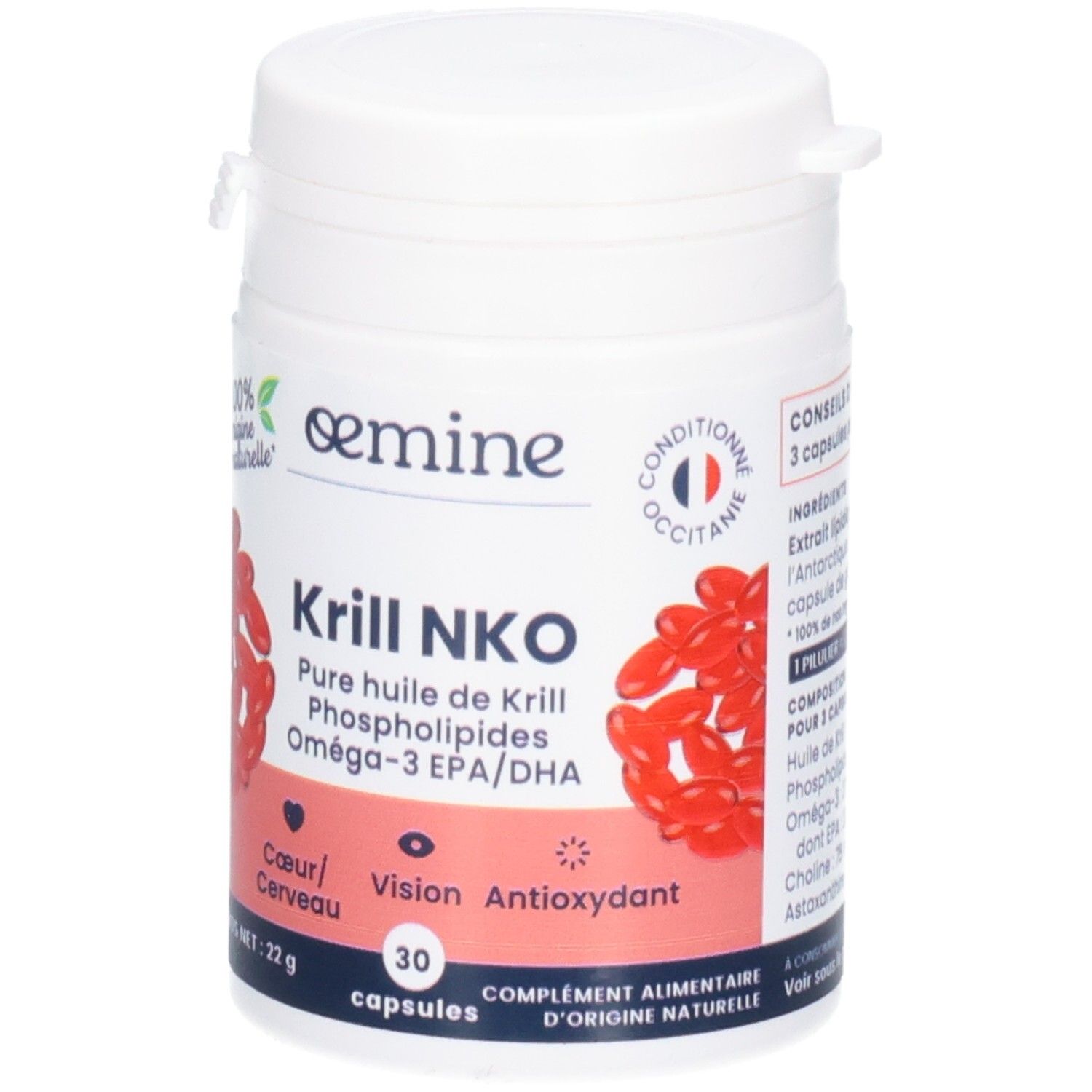 Façade du pot avec logo, nom du produit Krill NKO et mention de 30 capsules.