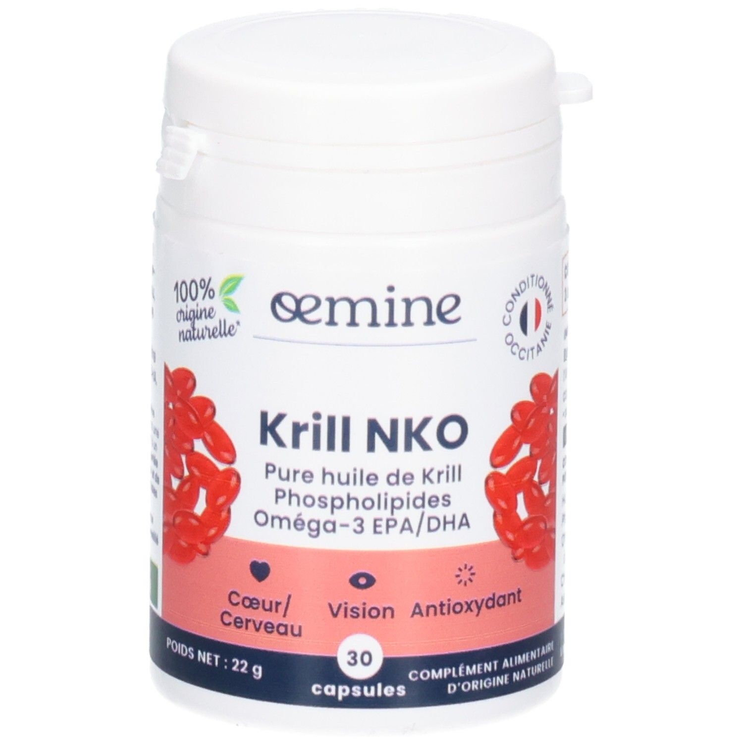 Façade du pot avec logo, nom du produit Krill NKO et indication de 30 capsules.