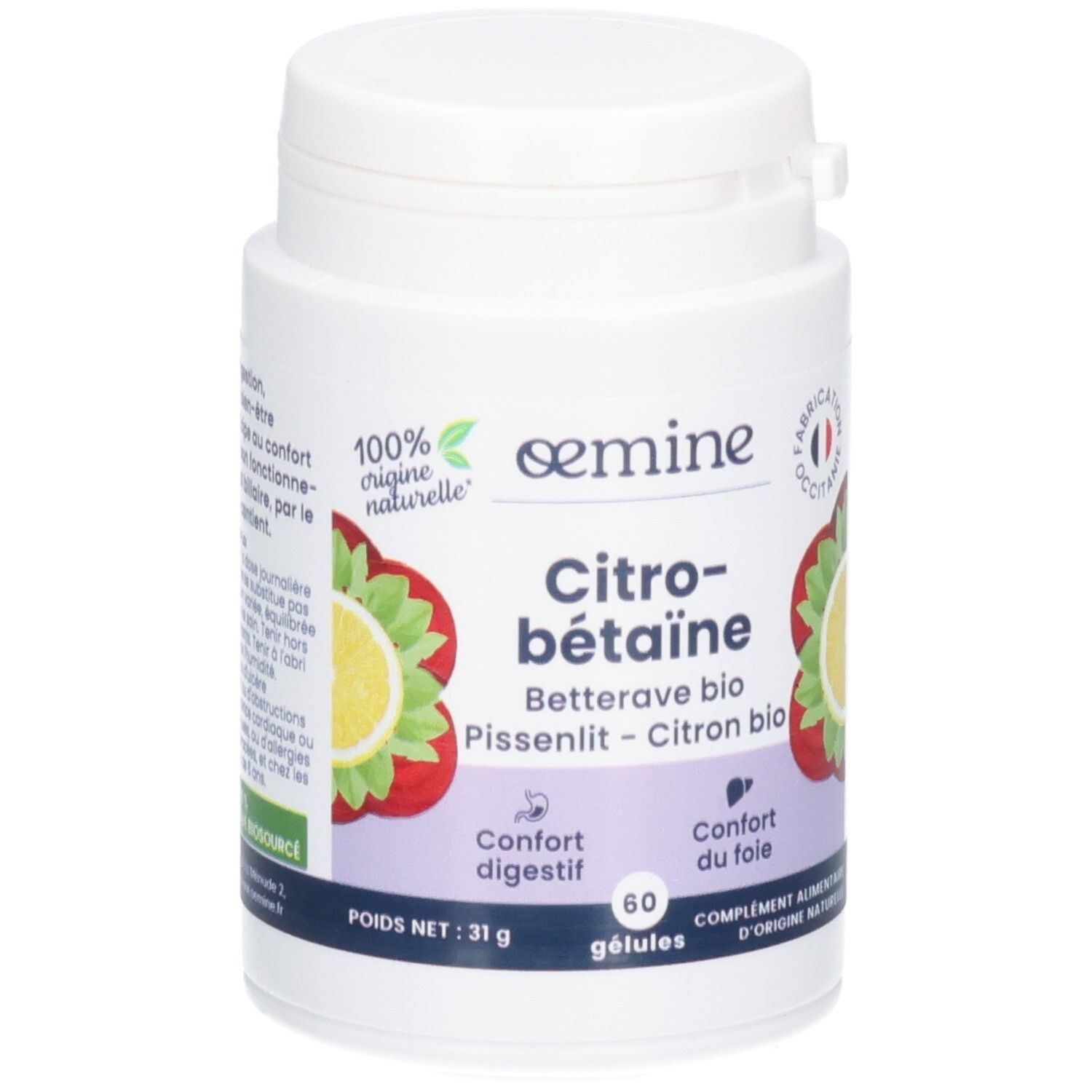 Pot blanc de 60 gélules Citrobétäine. Illustrations de citron et fraise.