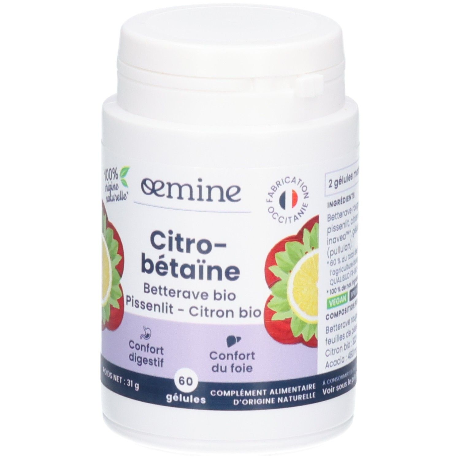 Avant d'un pot de 60 gélules Citrobétäine. Illustrations de citron et fraise.