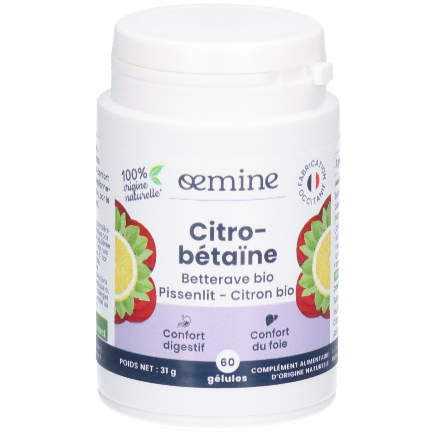 Pot blanc de 60 gélules Citrobétäine. Illustrations de citron et fraise.