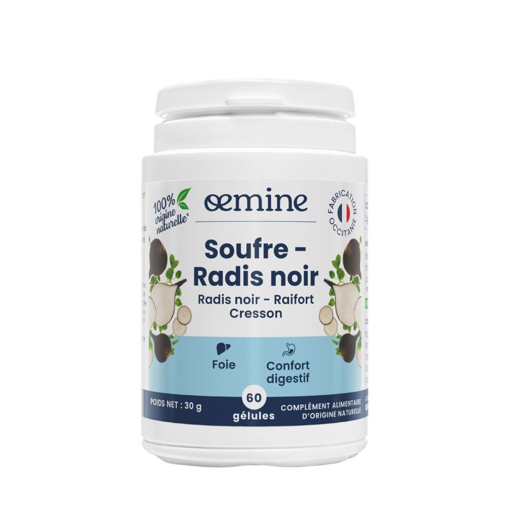 Pot blanc Oemine Soufre – Radis noir. Contient 60 gélules.