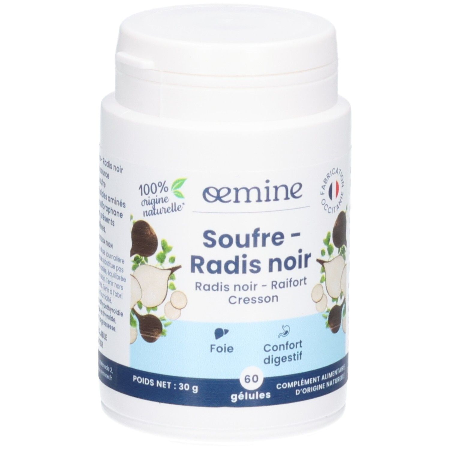 Pot blanc de complément alimentaire "Soufre - Radis noir". Contient 60 gélules.