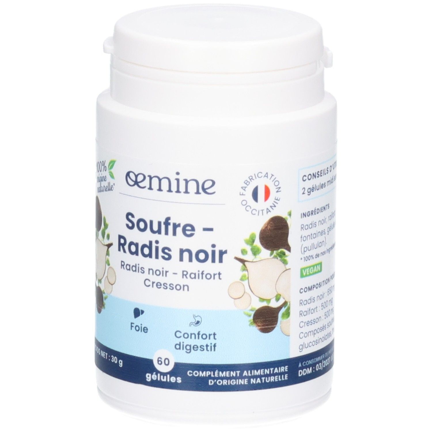 Face avant du pot avec nom du produit et sceau "Vegan". Contient 60 gélules.